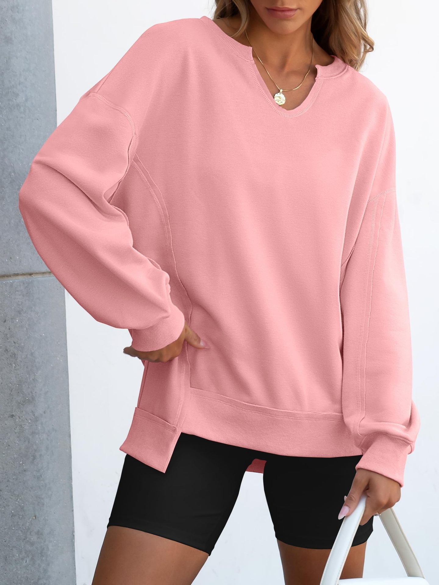 Womens Oversized Sweatshirt V Neck Long Sleeve Tunic Lightweight Pullover