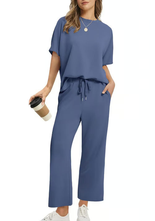 Women's Casual 2-Piece Loose-Fit Short Sleeve Top & Wide-Leg Pants Set