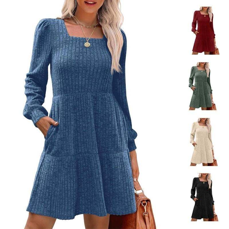 🍂Last Day Promotion 49% OFF🔥Womens Square Neck Long Sleeve Fall Dresses Casual Babydoll Sweater Dress