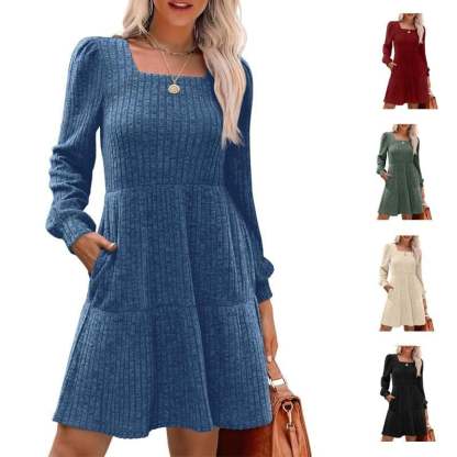 🍂Last Day Promotion 49% OFF🔥Womens Square Neck Long Sleeve Fall Dresses Casual Babydoll Sweater Dress