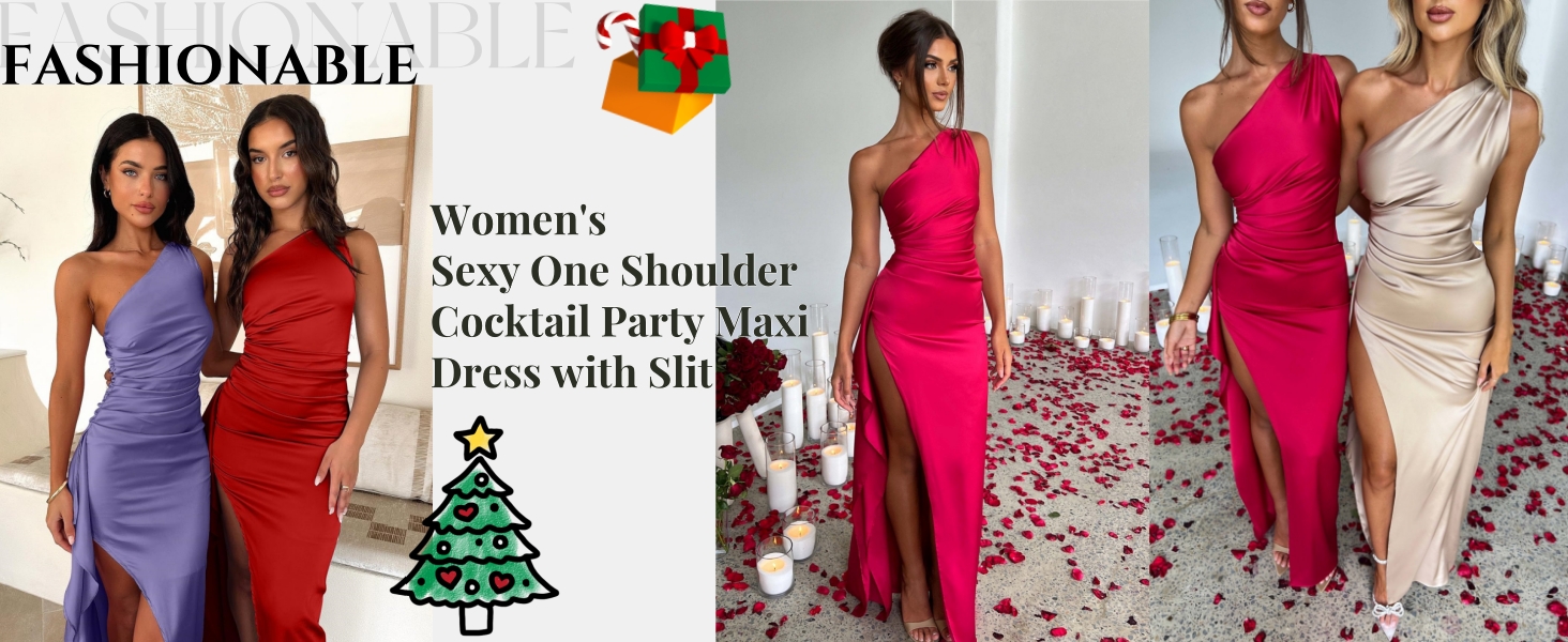 Long Womens Cocktail Dresses One Shoulder Maxi Formal Gown for Wedding Party Satin Bodycon