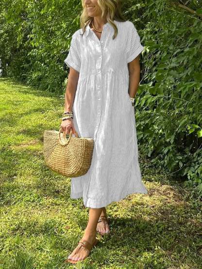 NEW🔥 Striped Lapel Button Down Shirt Dress | With Functional Pockets