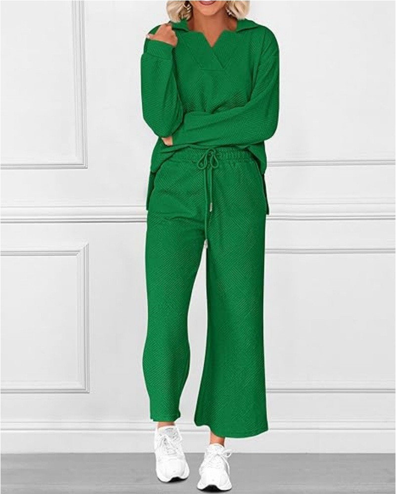  Solid Color Texture Fashion Casual Suit Autumn Long-Sleeved Sweatshirt And Trousers Two-Piece Set