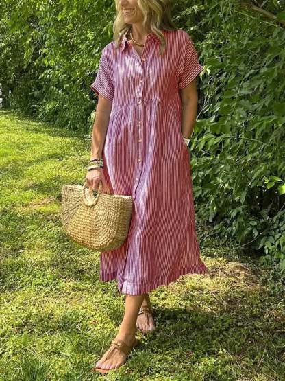 NEW🔥 Striped Lapel Button Down Shirt Dress | With Functional Pockets