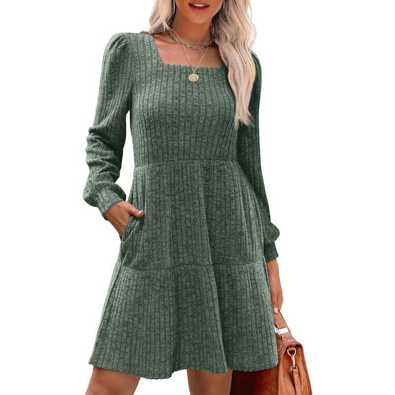 🍂Last Day Promotion 49% OFF🔥Womens Square Neck Long Sleeve Fall Dresses Casual Babydoll Sweater Dress