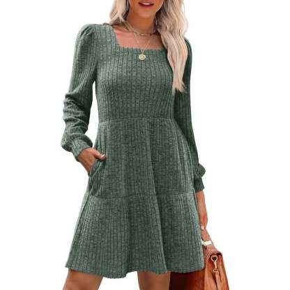 🍂Last Day Promotion 49% OFF🔥Womens Square Neck Long Sleeve Fall Dresses Casual Babydoll Sweater Dress