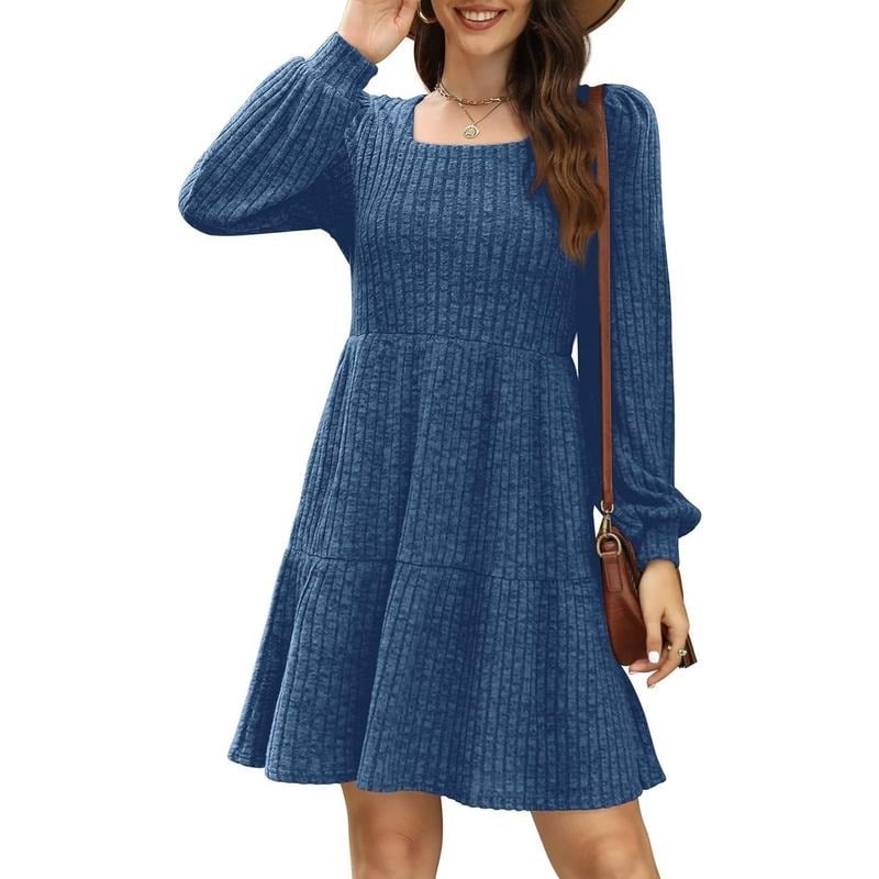 🍂Last Day Promotion 49% OFF🔥Womens Square Neck Long Sleeve Fall Dresses Casual Babydoll Sweater Dress