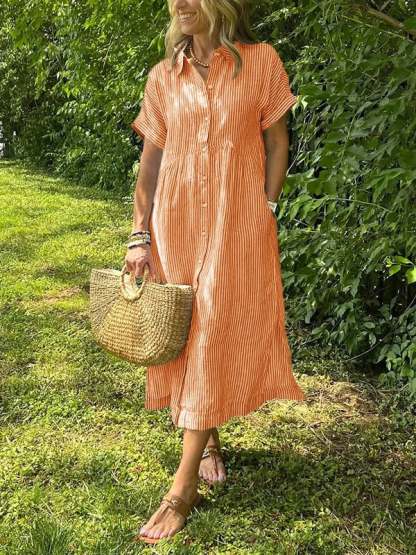 NEW🔥 Striped Lapel Button Down Shirt Dress | With Functional Pockets