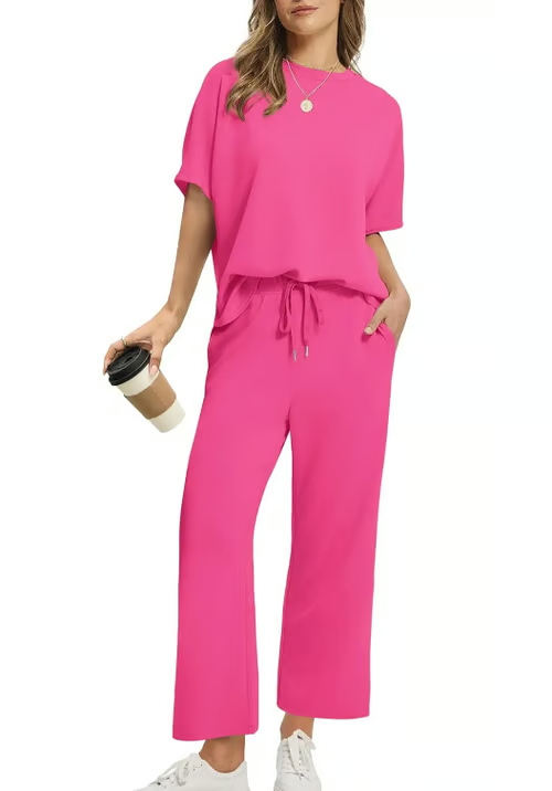Women's Casual 2-Piece Loose-Fit Short Sleeve Top & Wide-Leg Pants Set