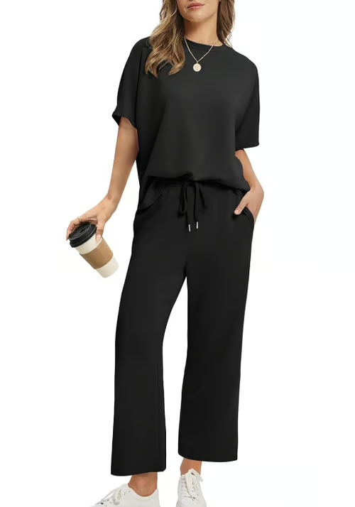 Women's Casual 2-Piece Loose-Fit Short Sleeve Top & Wide-Leg Pants Set