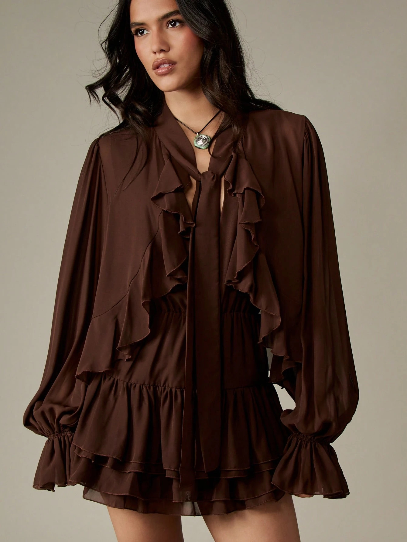 Ruffled Mini Dress With Blouson Sleeves And Tiered Hem