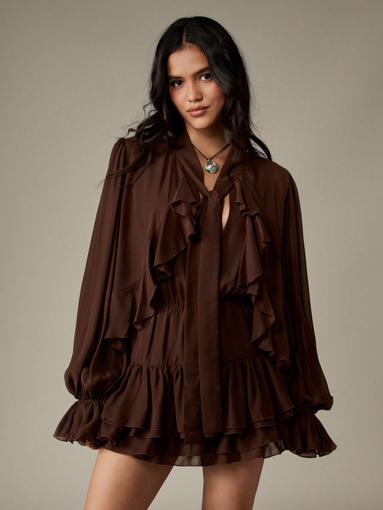 Ruffled Mini Dress With Blouson Sleeves And Tiered Hem