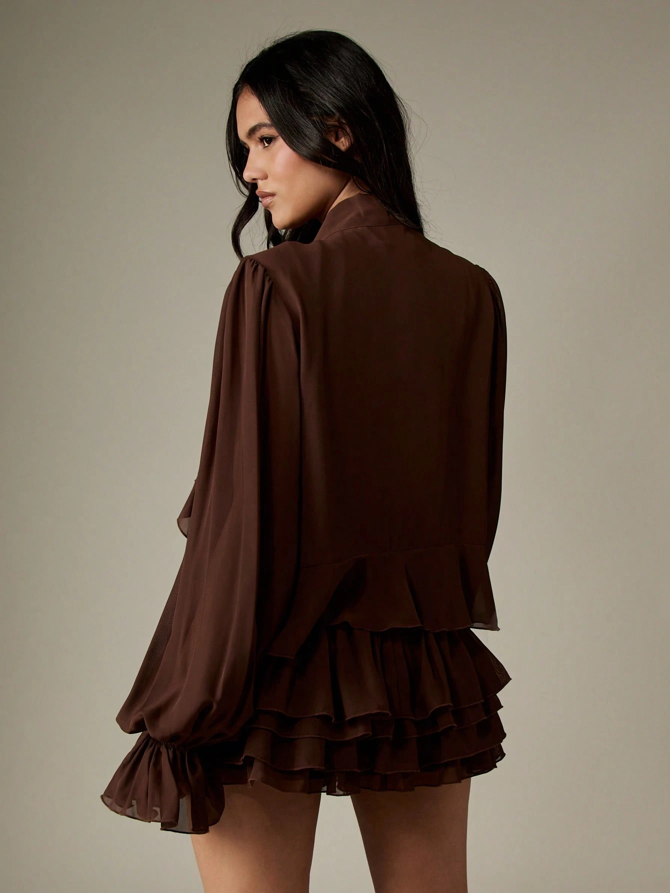 Ruffled Mini Dress With Blouson Sleeves And Tiered Hem