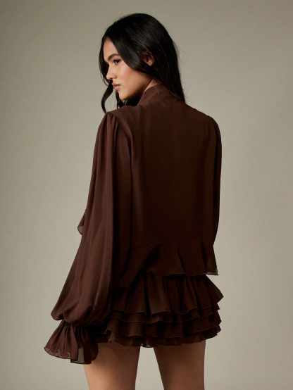 Ruffled Mini Dress With Blouson Sleeves And Tiered Hem