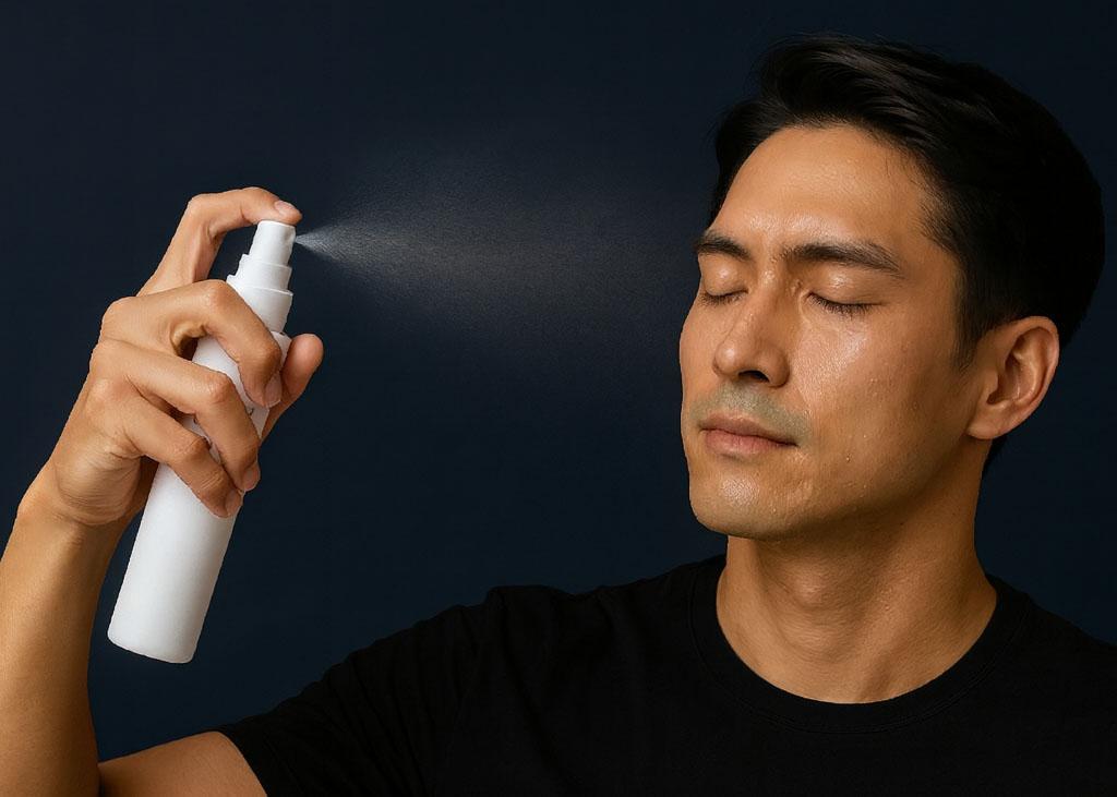 化粧水スプレーを顔に吹き付ける