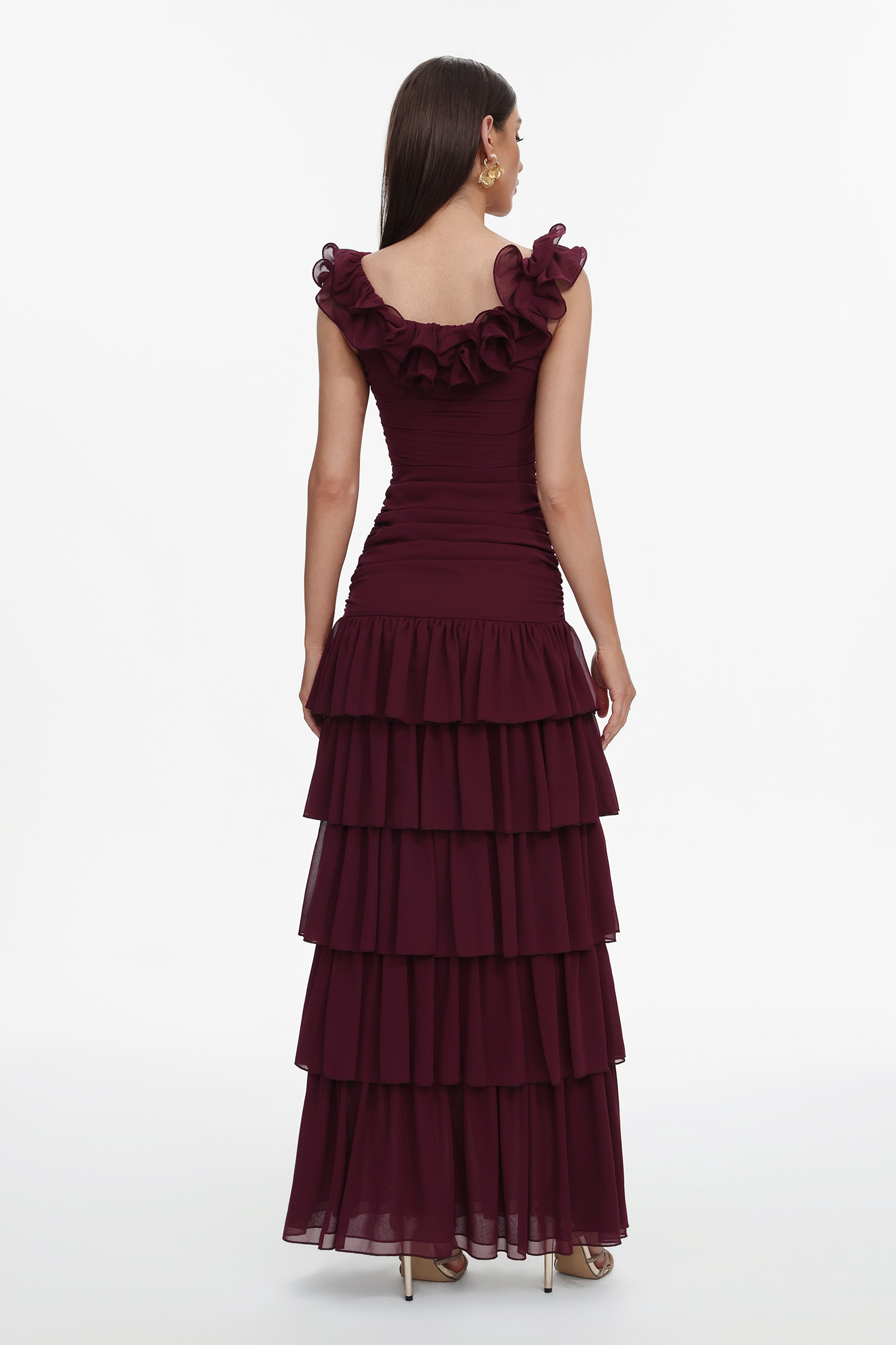 Vivien Romantic Flowy Sleeveless Ruched Ruffle Maxi Dress