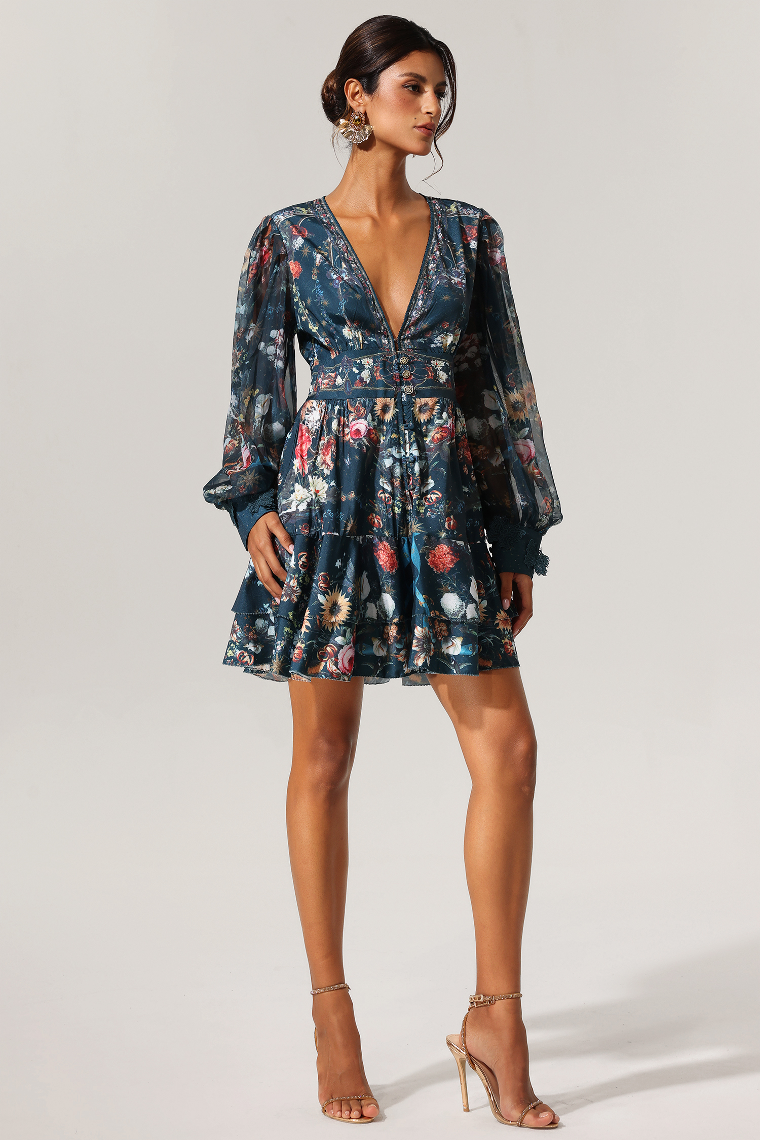 Lina V-Neck Floral Printed Long Sleeves Mini Dress