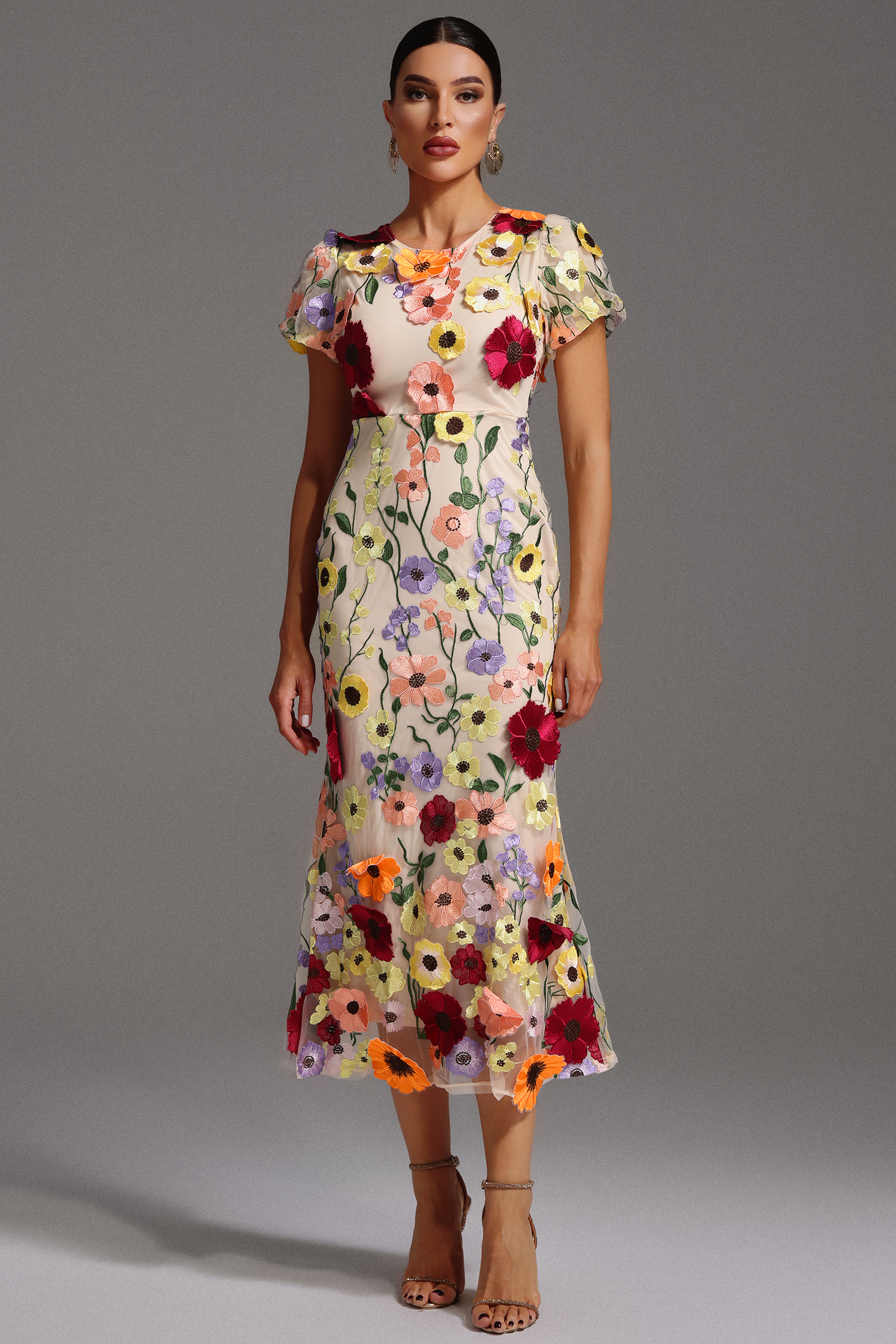 Naya Short Sleeve Round Neck Flrs Fishtail Maxi Dress