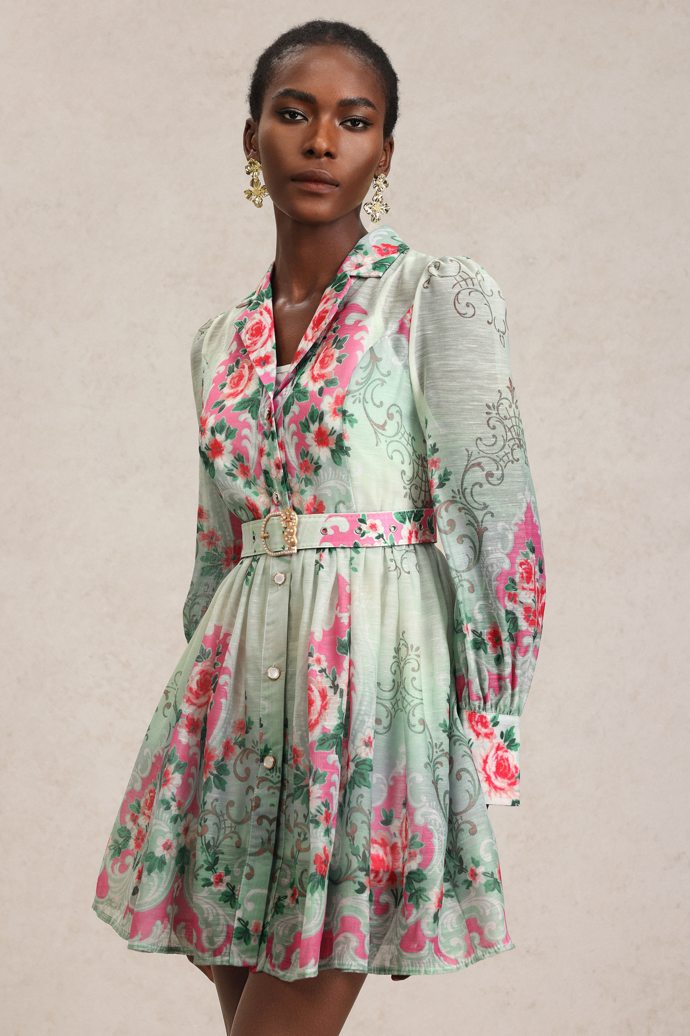 Kanma Long Sleeve Floral Printed Mini Dress