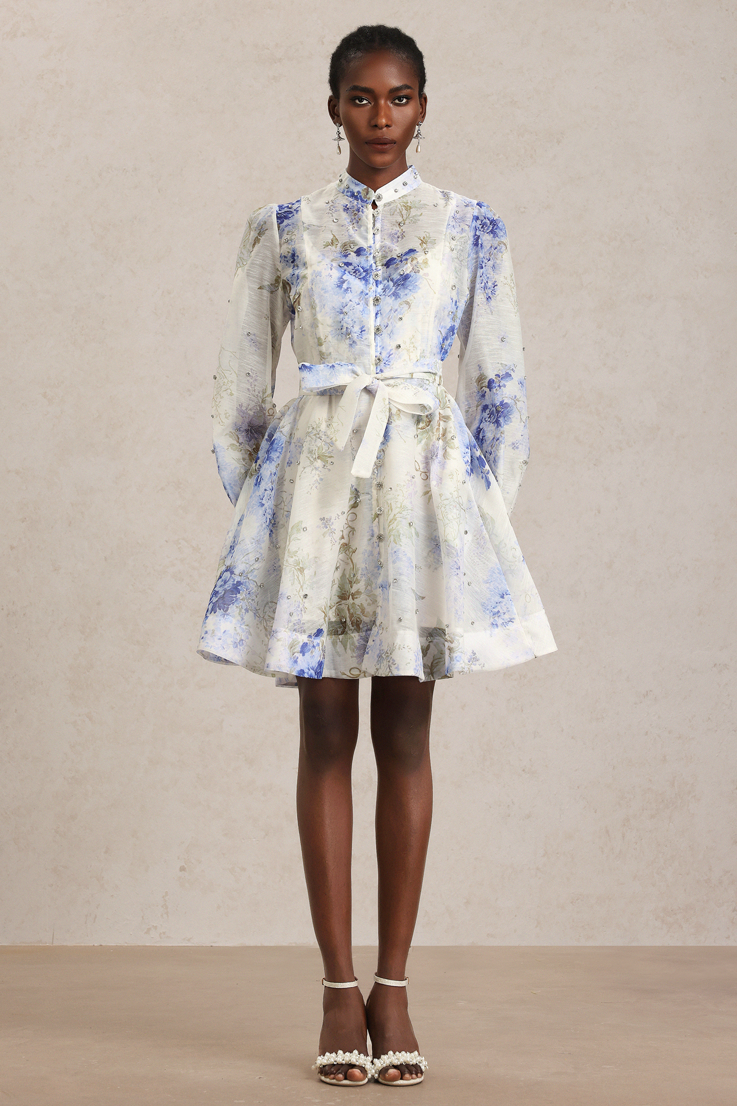Demily Long Sleeve Floral Printed Diamond Mini Dress