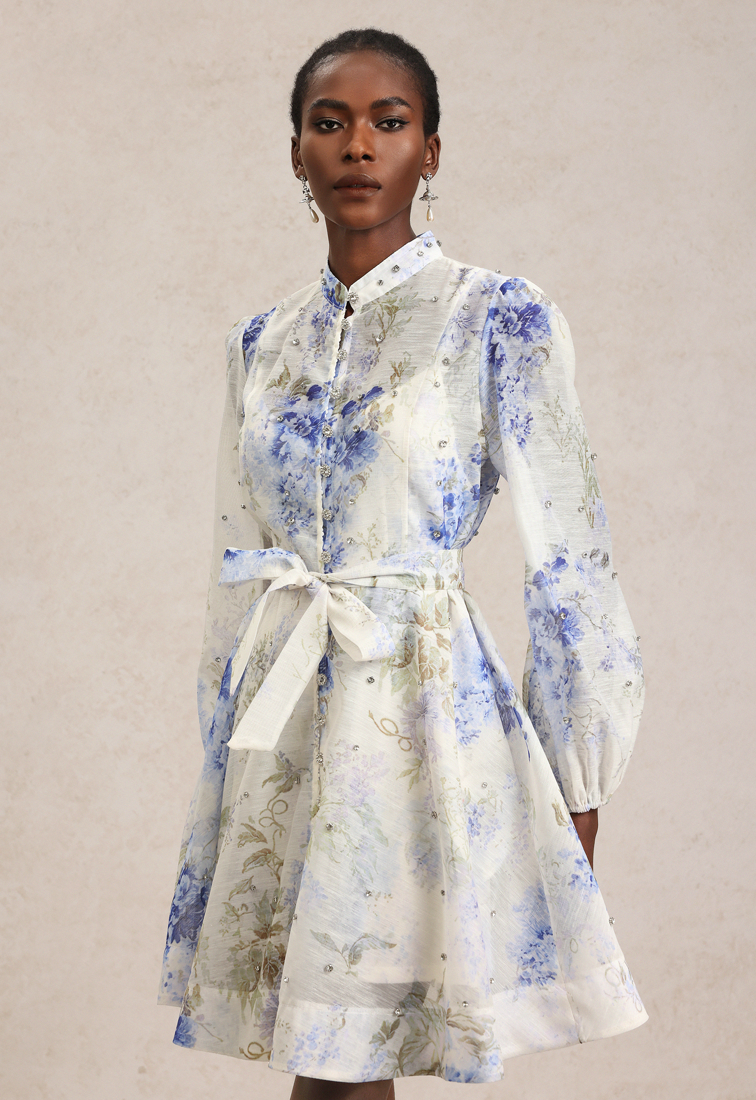 Demily Long Sleeve Floral Printed Diamond Mini Dress