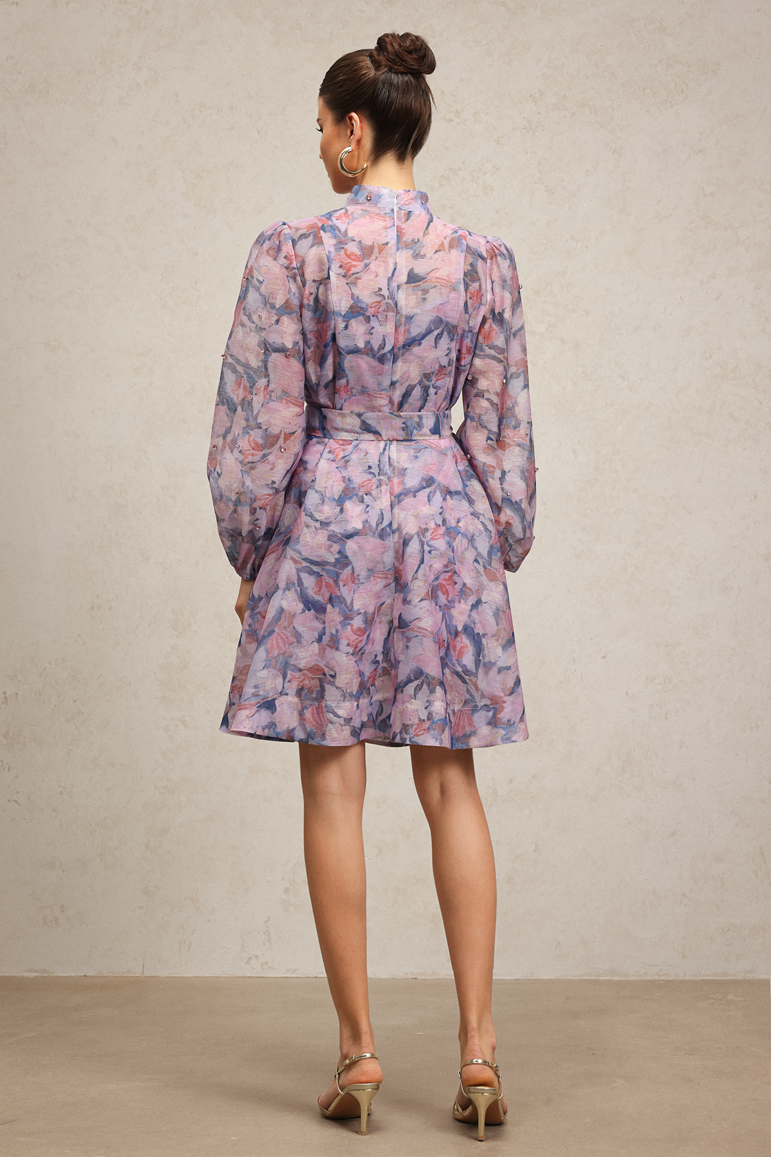 Yuio Long Sleeves Floral Printed Diamond Mini Dress