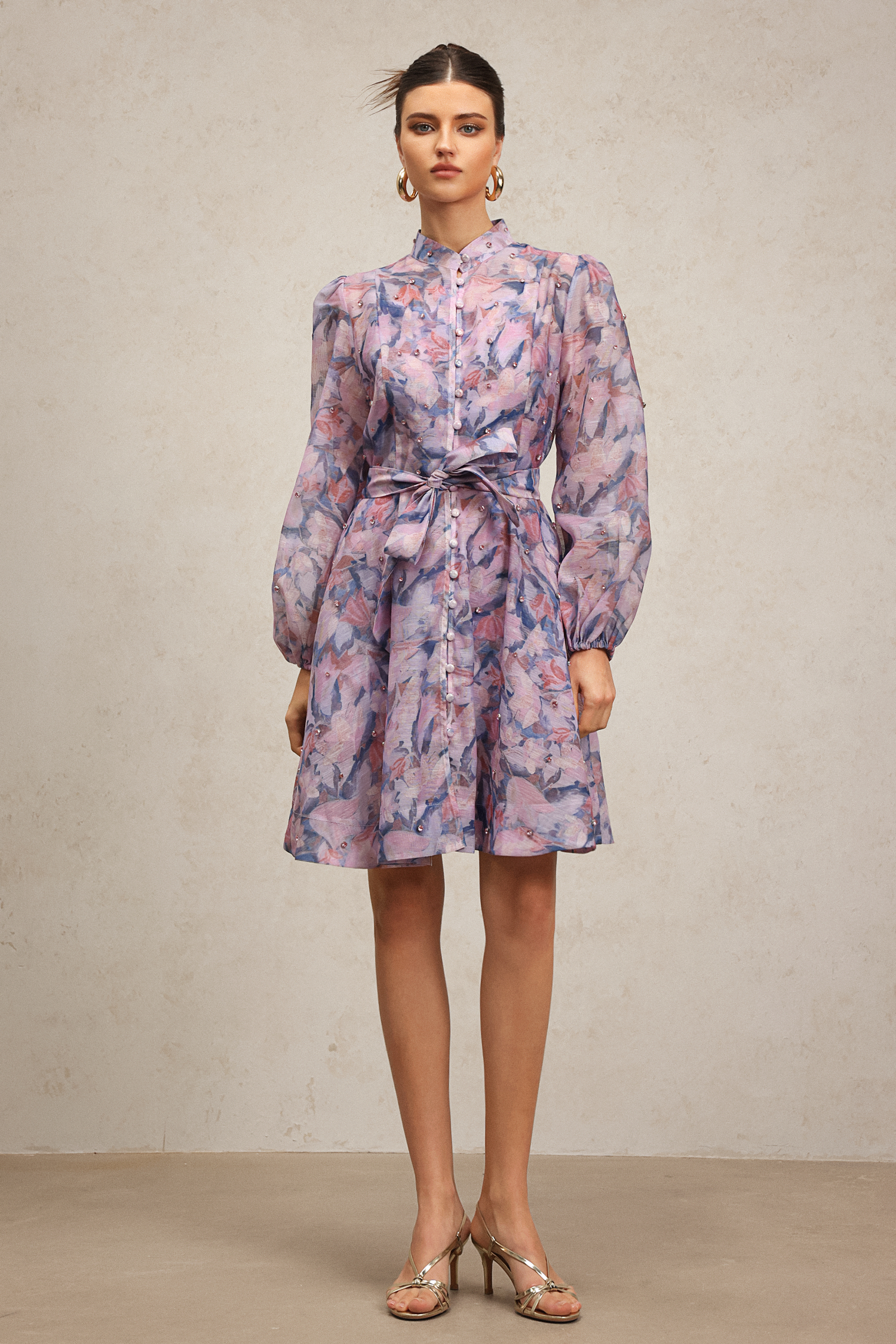 Yuio Long Sleeves Floral Printed Diamond Mini Dress