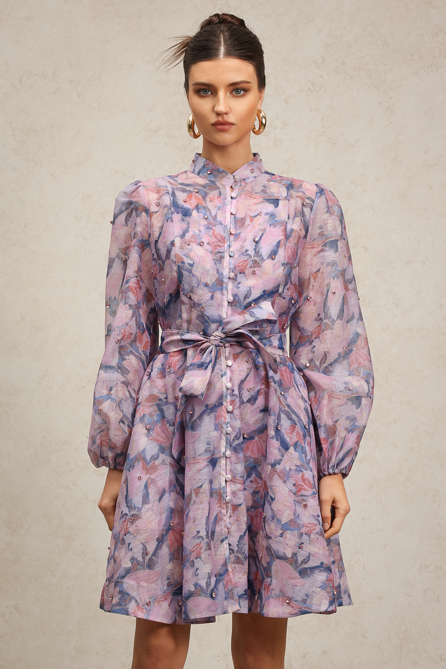 Yuio Long Sleeves Floral Printed Diamond Mini Dress