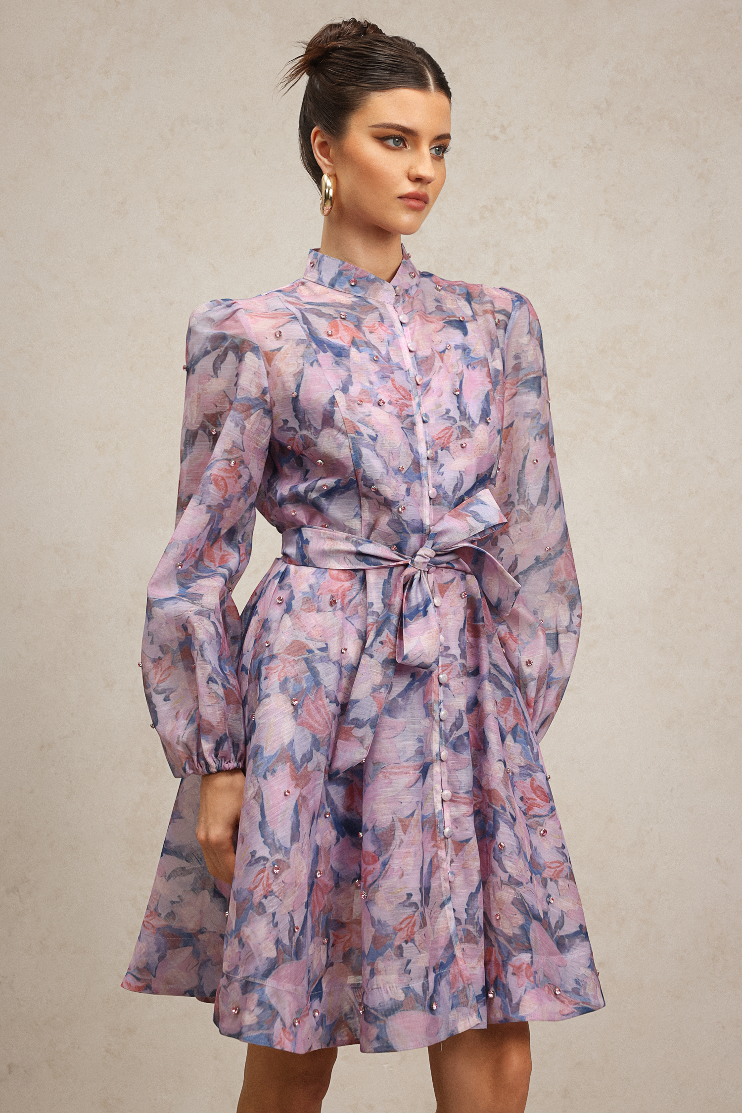 Yuio Long Sleeves Floral Printed Diamond Mini Dress