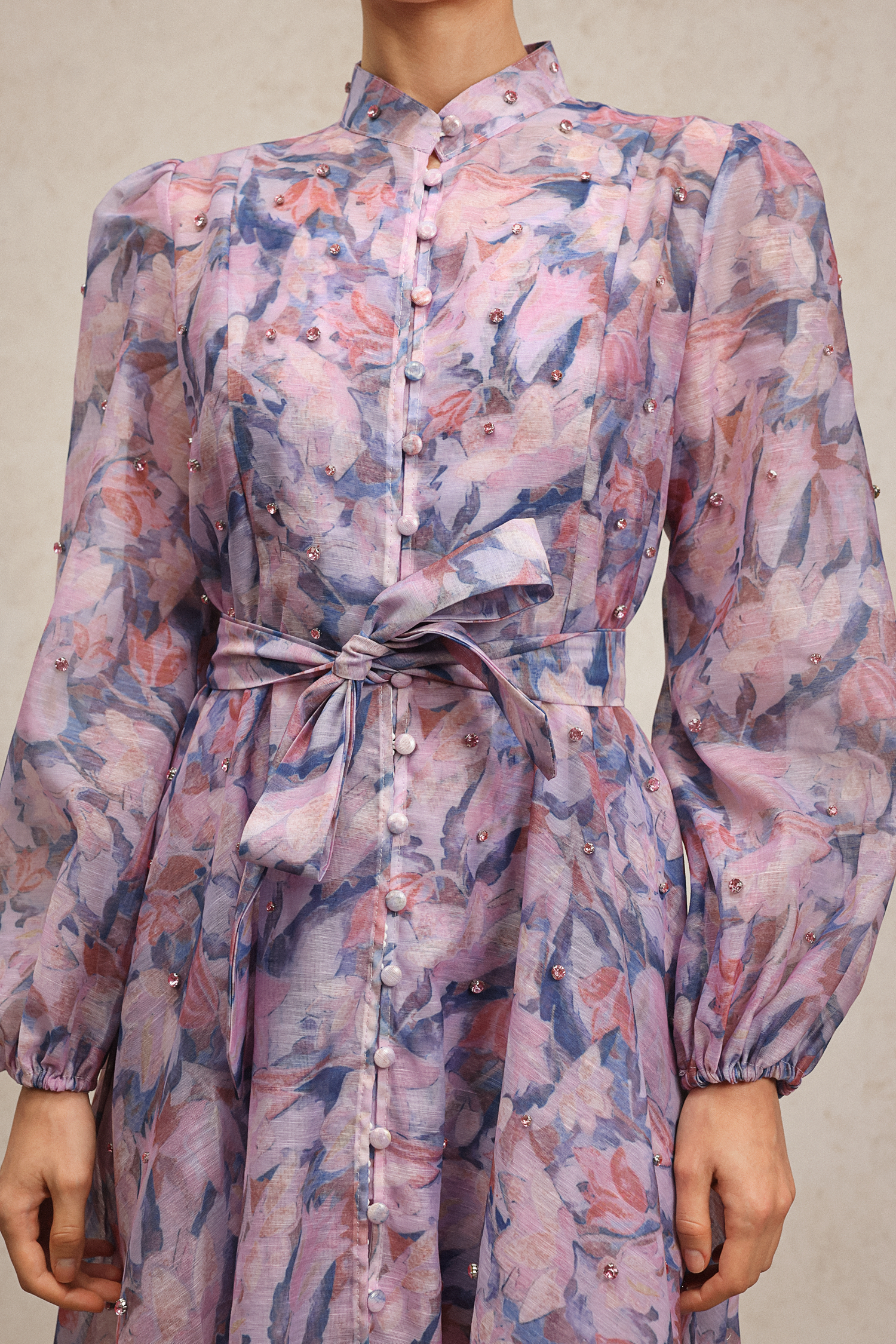 Yuio Long Sleeves Floral Printed Diamond Mini Dress