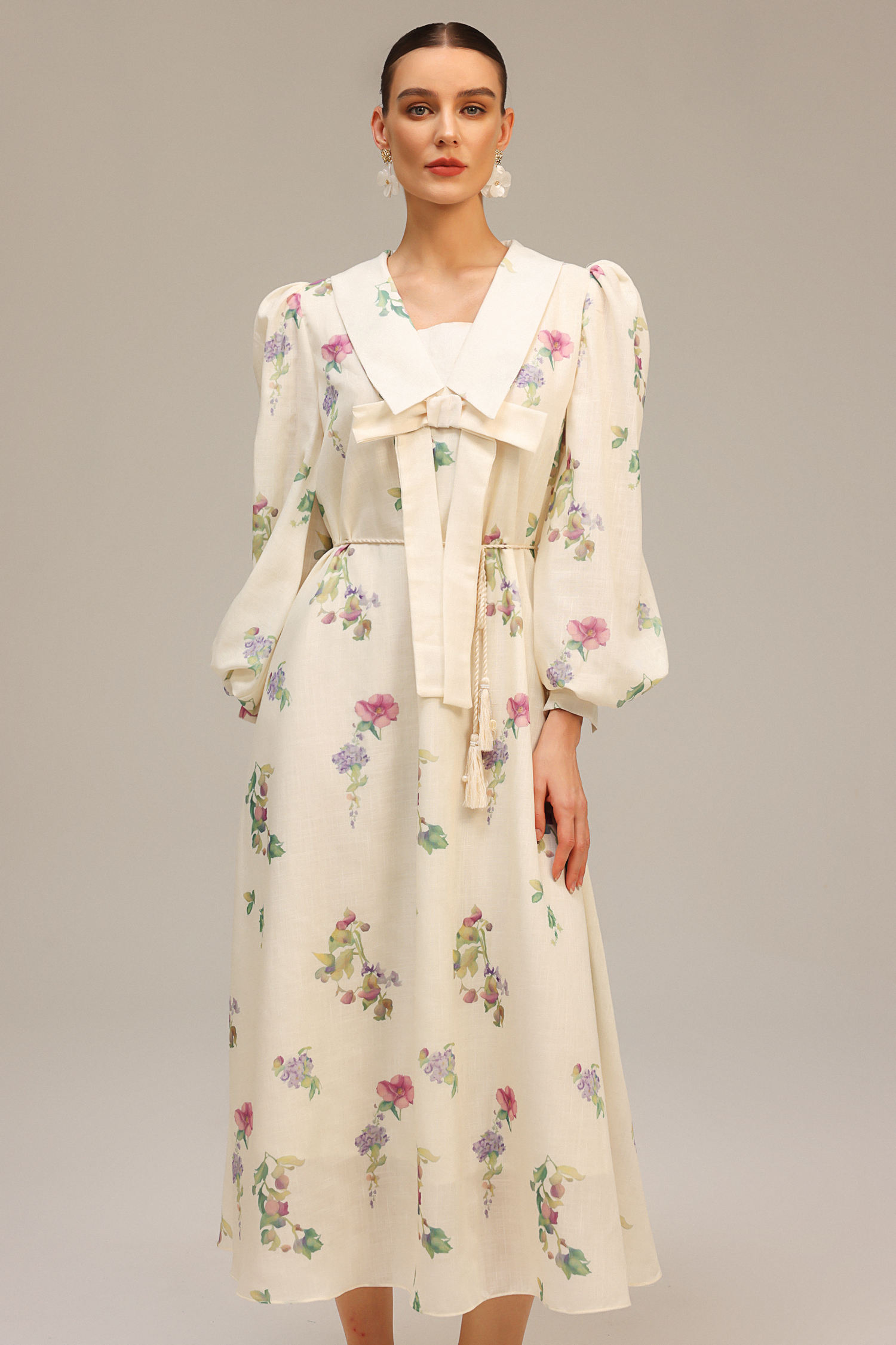 Stolen Long Sleeves Bowknot Floral Printed Maxi Dress