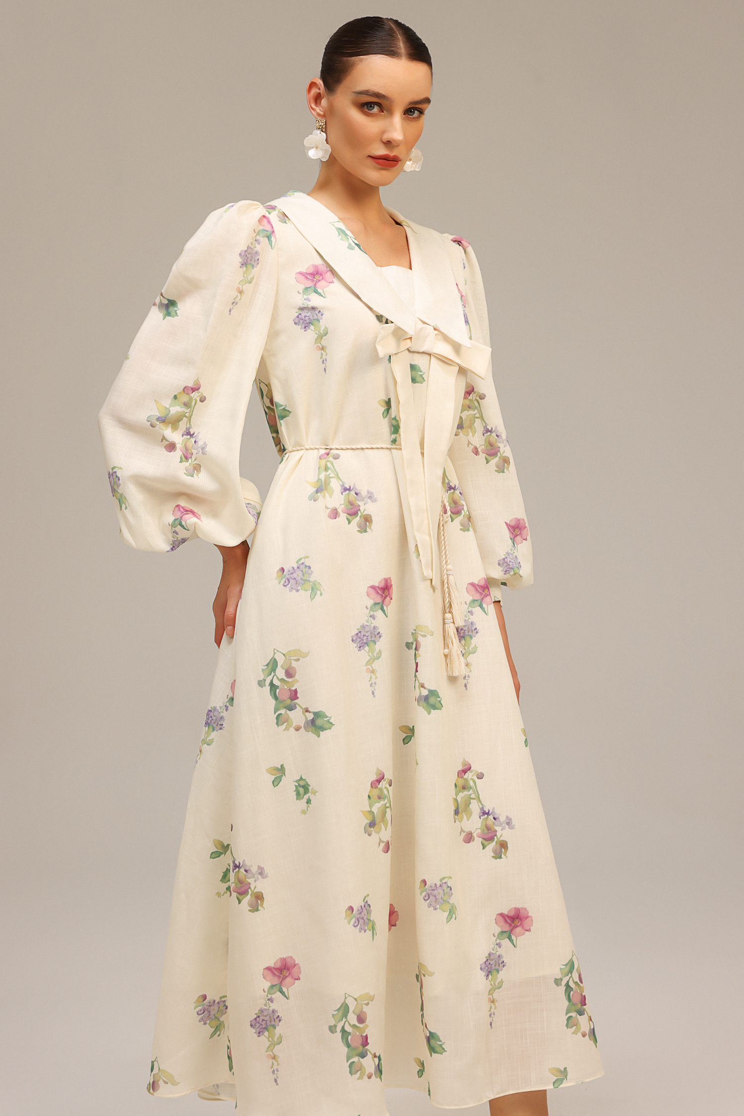 Stolen Long Sleeves Bowknot Floral Printed Maxi Dress