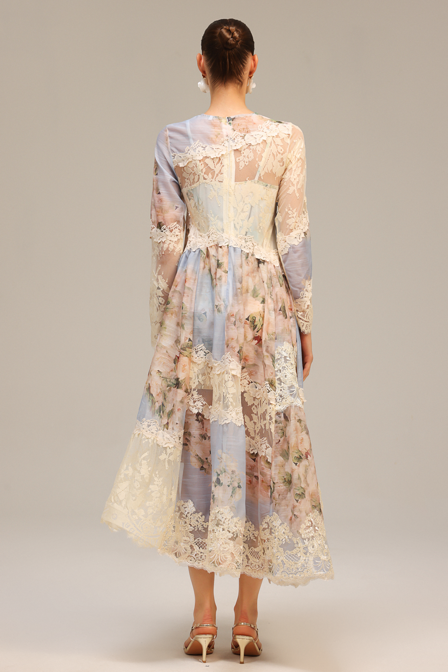 Wanda Long Sleeves Floral Printed Asymmetric Lace Maxi Dress