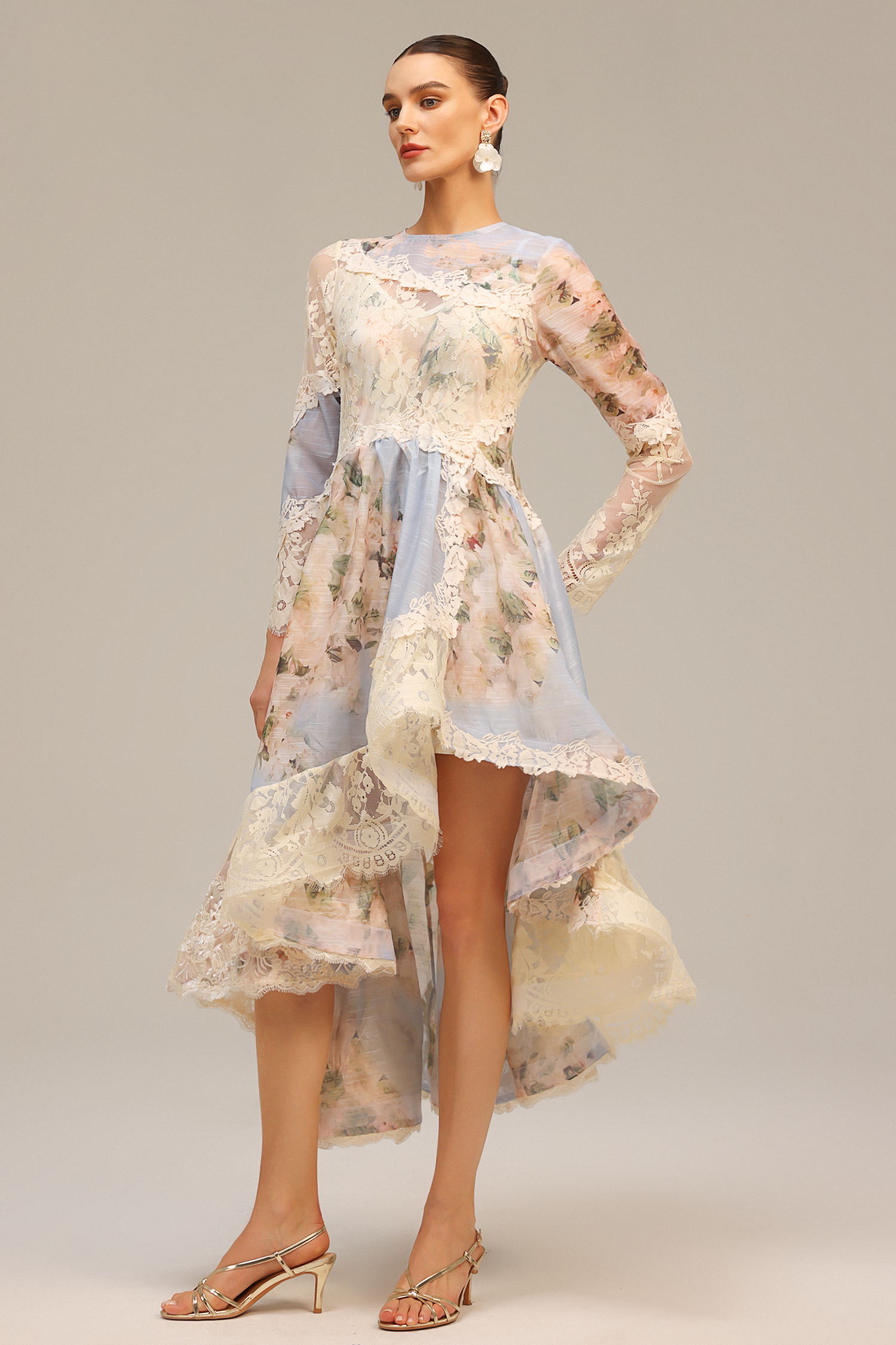 Wanda Long Sleeves Floral Printed Asymmetric Lace Maxi Dress