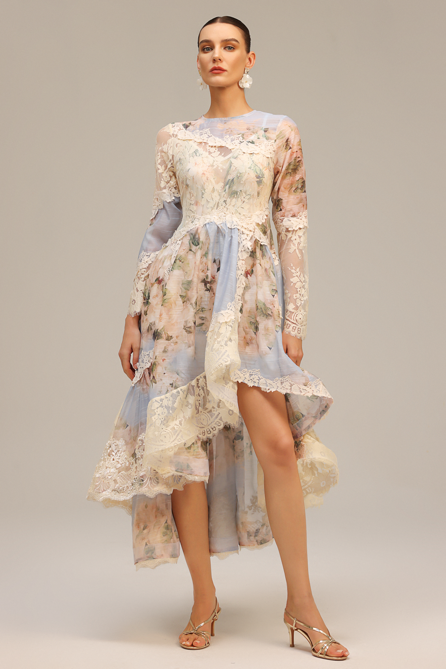 Wanda Long Sleeves Floral Printed Asymmetric Lace Maxi Dress