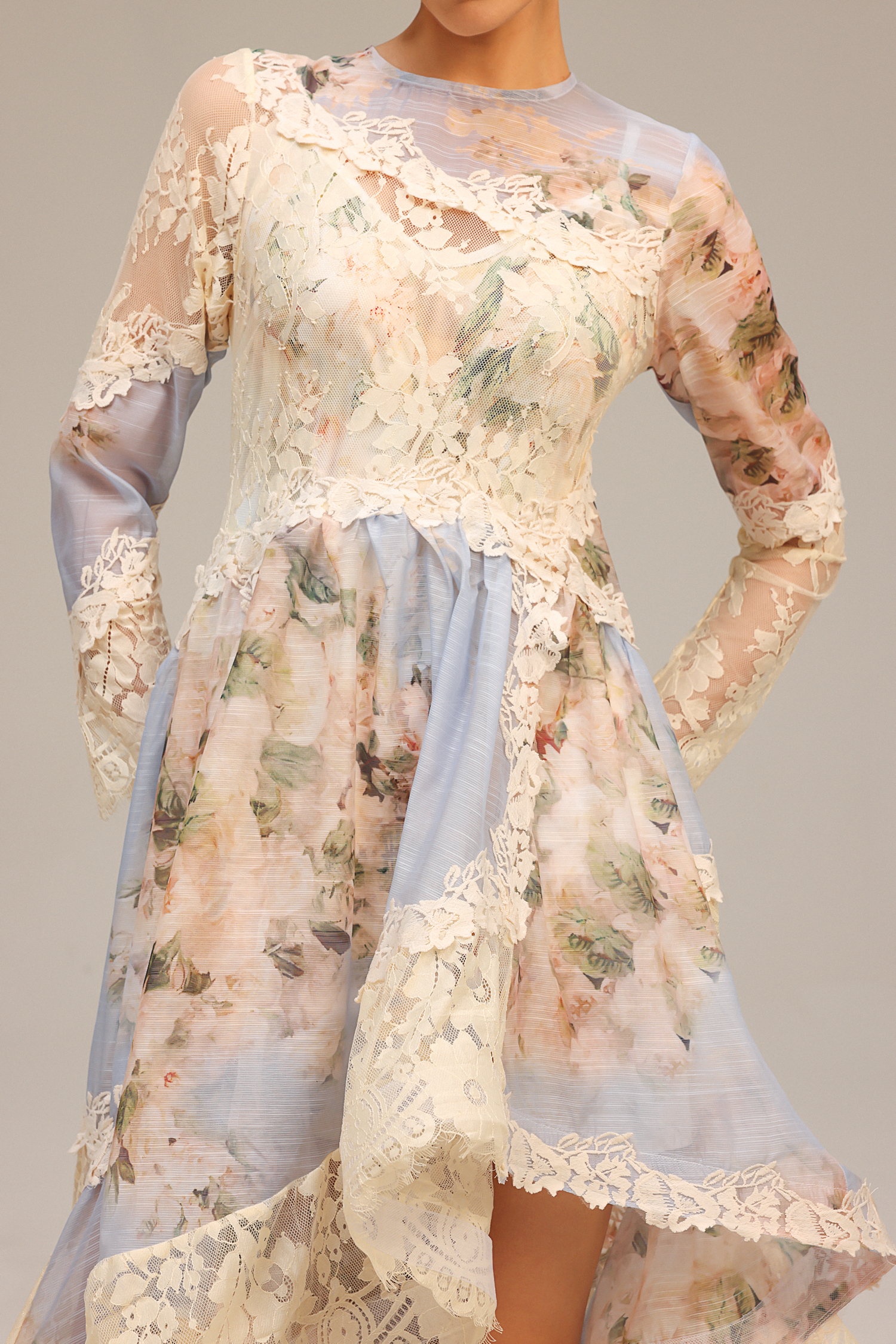 Wanda Long Sleeves Floral Printed Asymmetric Lace Maxi Dress