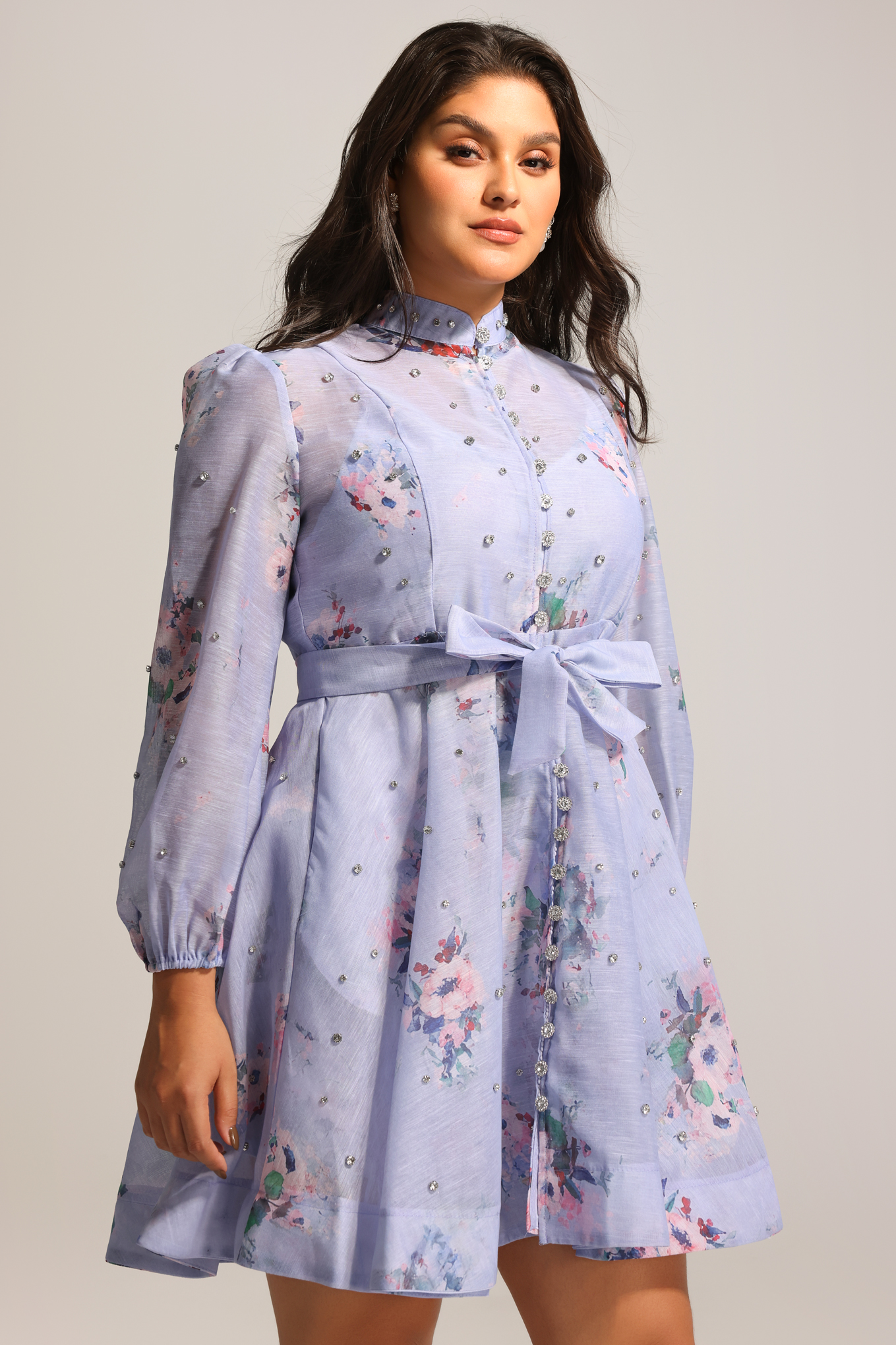 Riza Diamond Floral Printed Long Sleeves Mini Dress