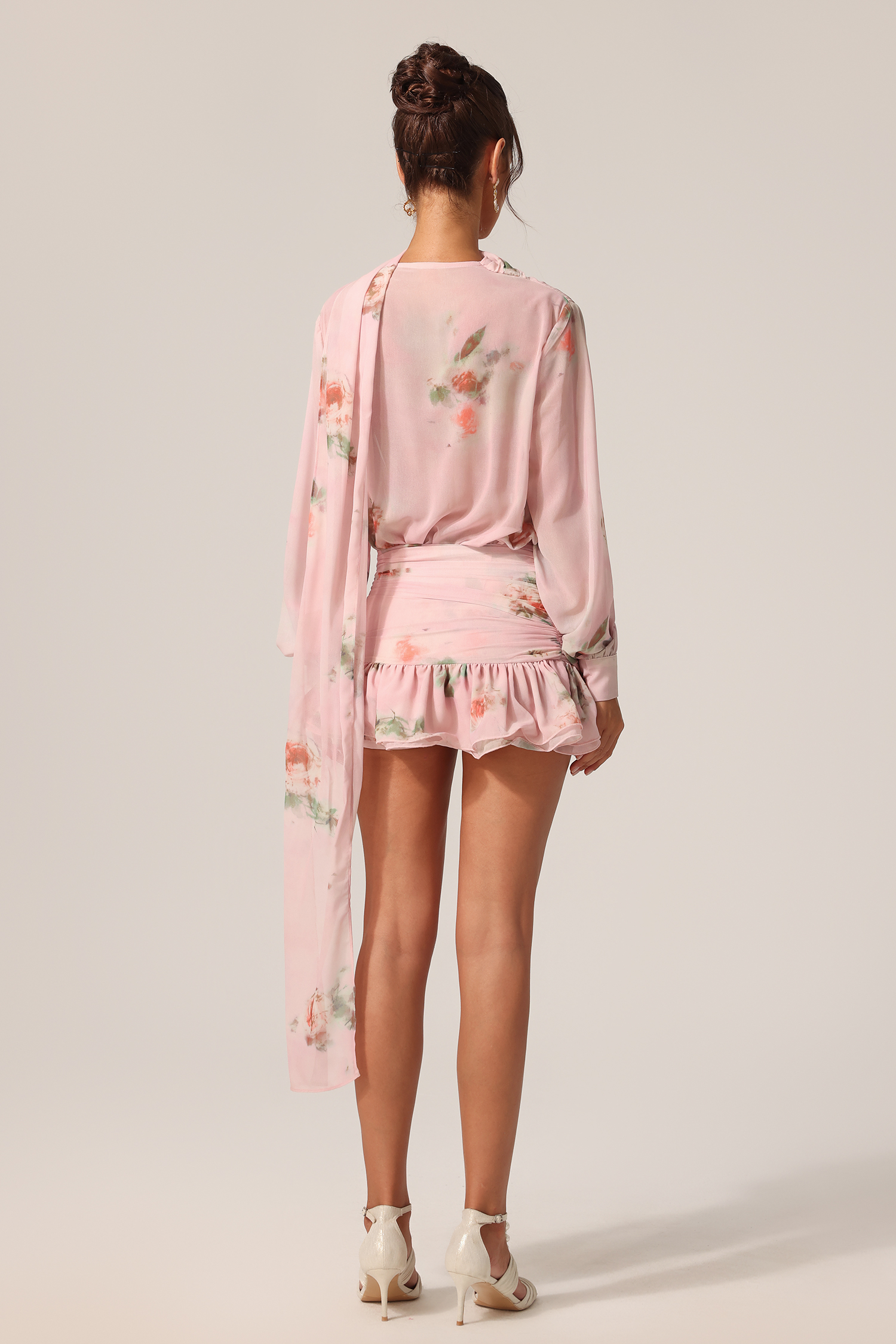 Lisbon Long Sleeves V-Neck Floral Printed Streamer Mini Dress