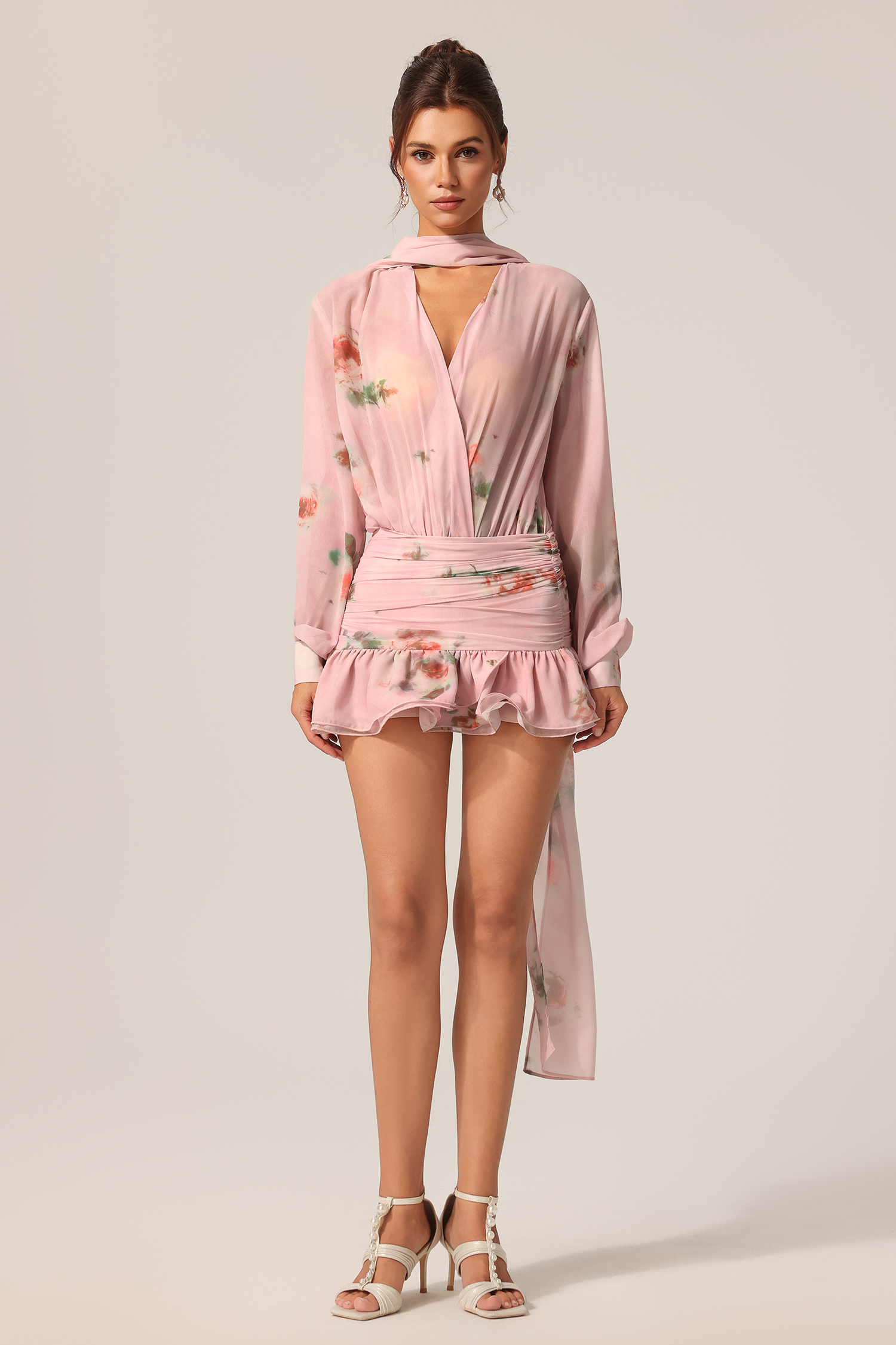 Lisbon Long Sleeves V-Neck Floral Printed Streamer Mini Dress