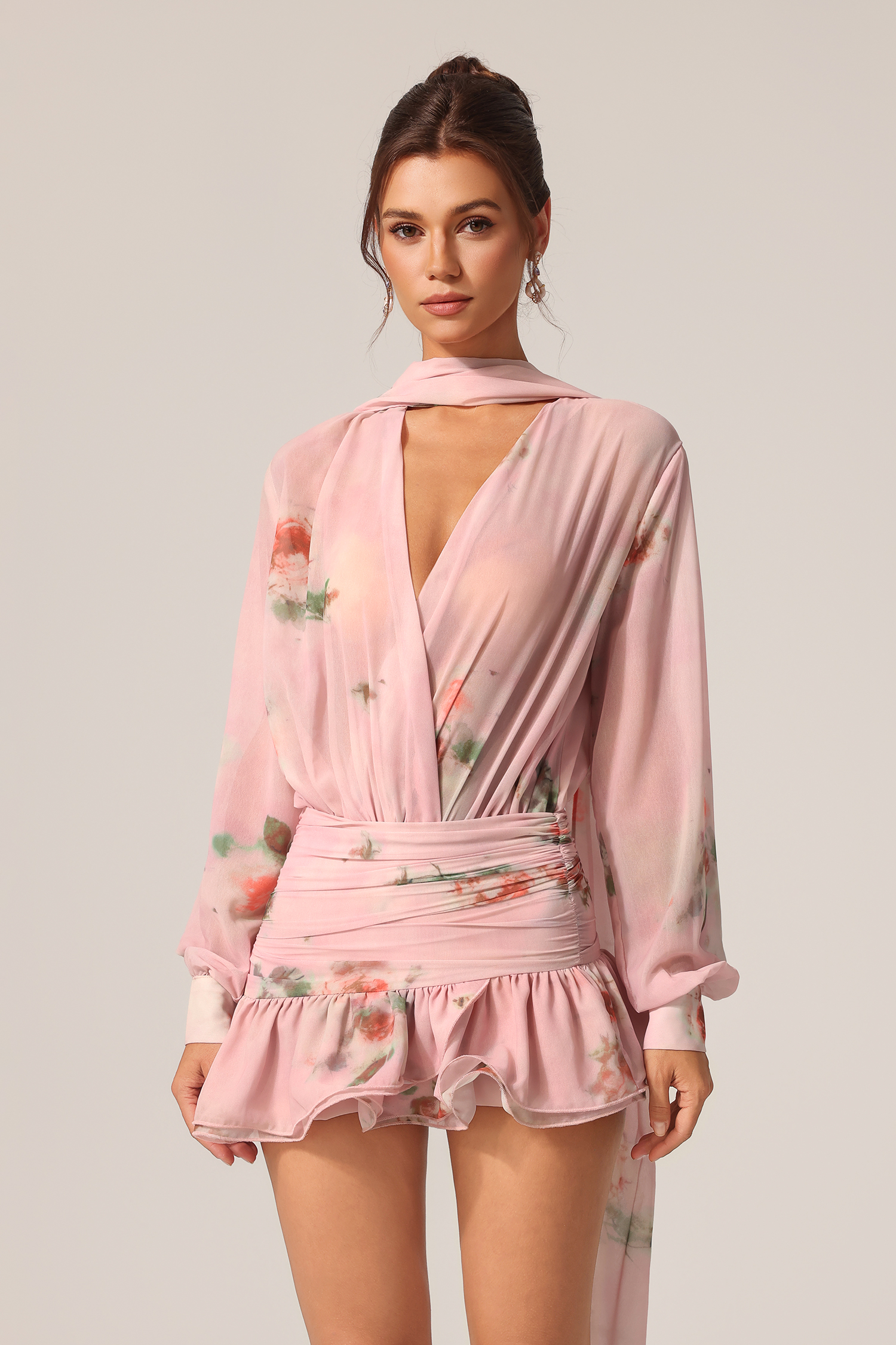 Lisbon Long Sleeves V-Neck Floral Printed Streamer Mini Dress