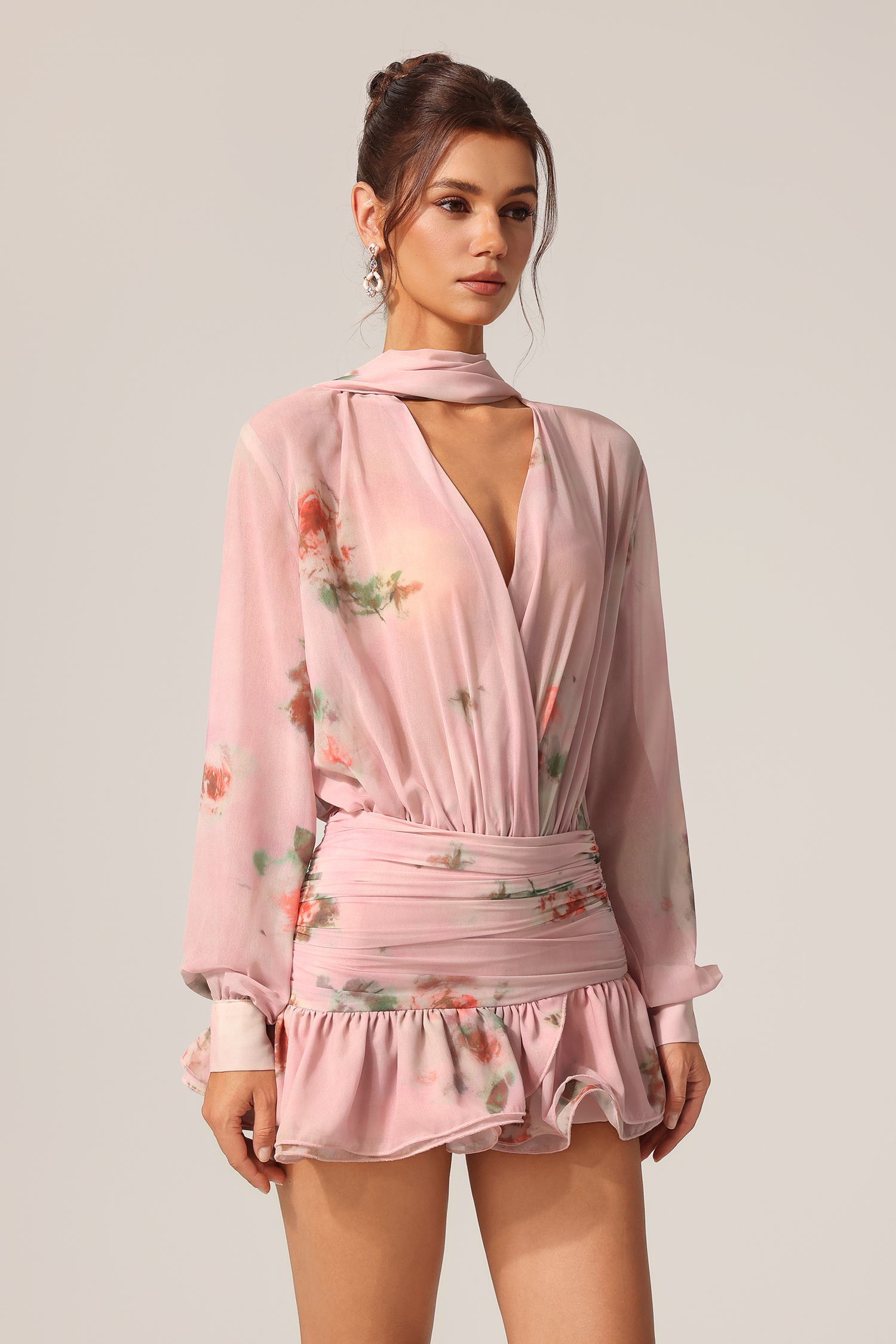 Lisbon Long Sleeves V-Neck Floral Printed Streamer Mini Dress