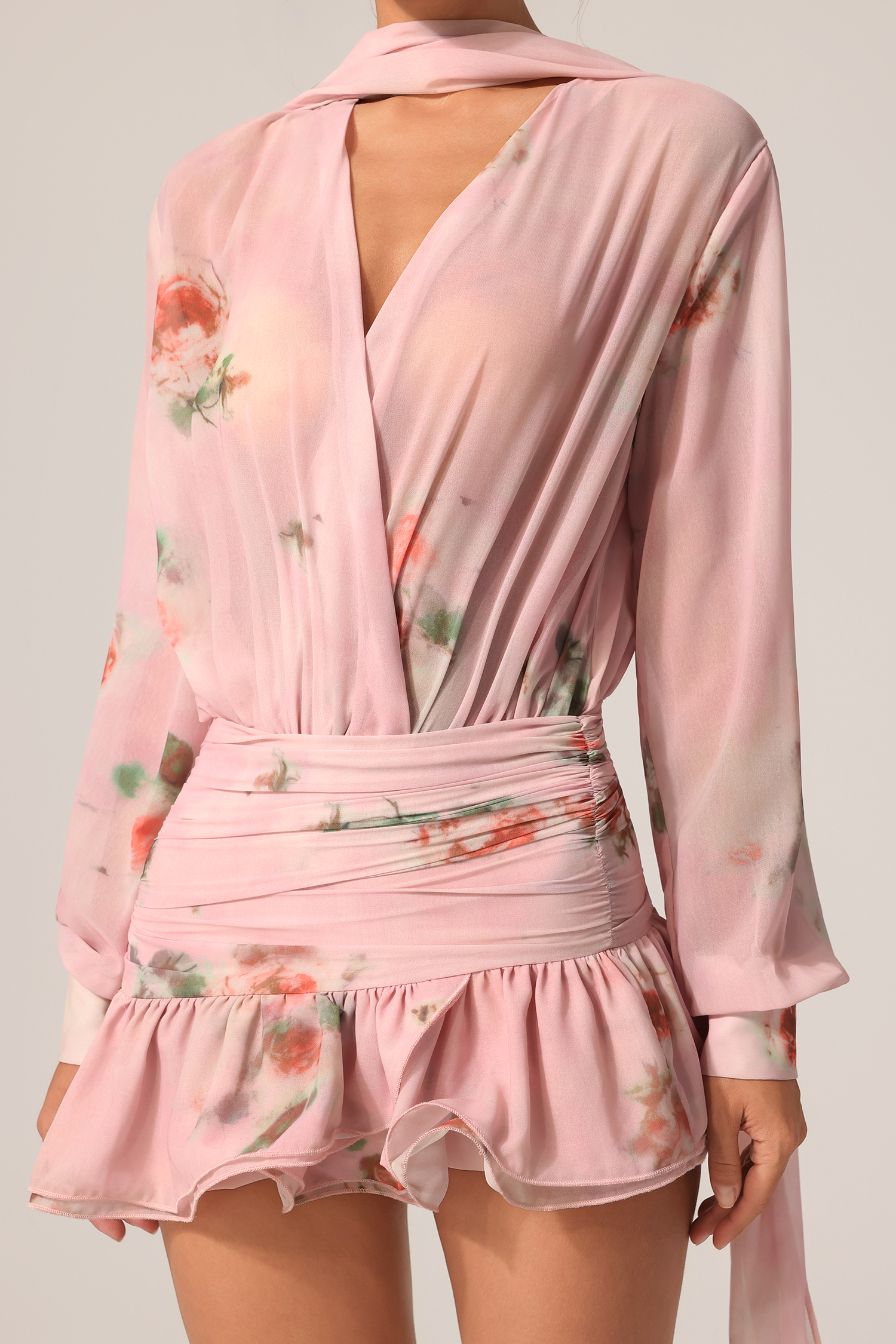 Lisbon Long Sleeves V-Neck Floral Printed Streamer Mini Dress