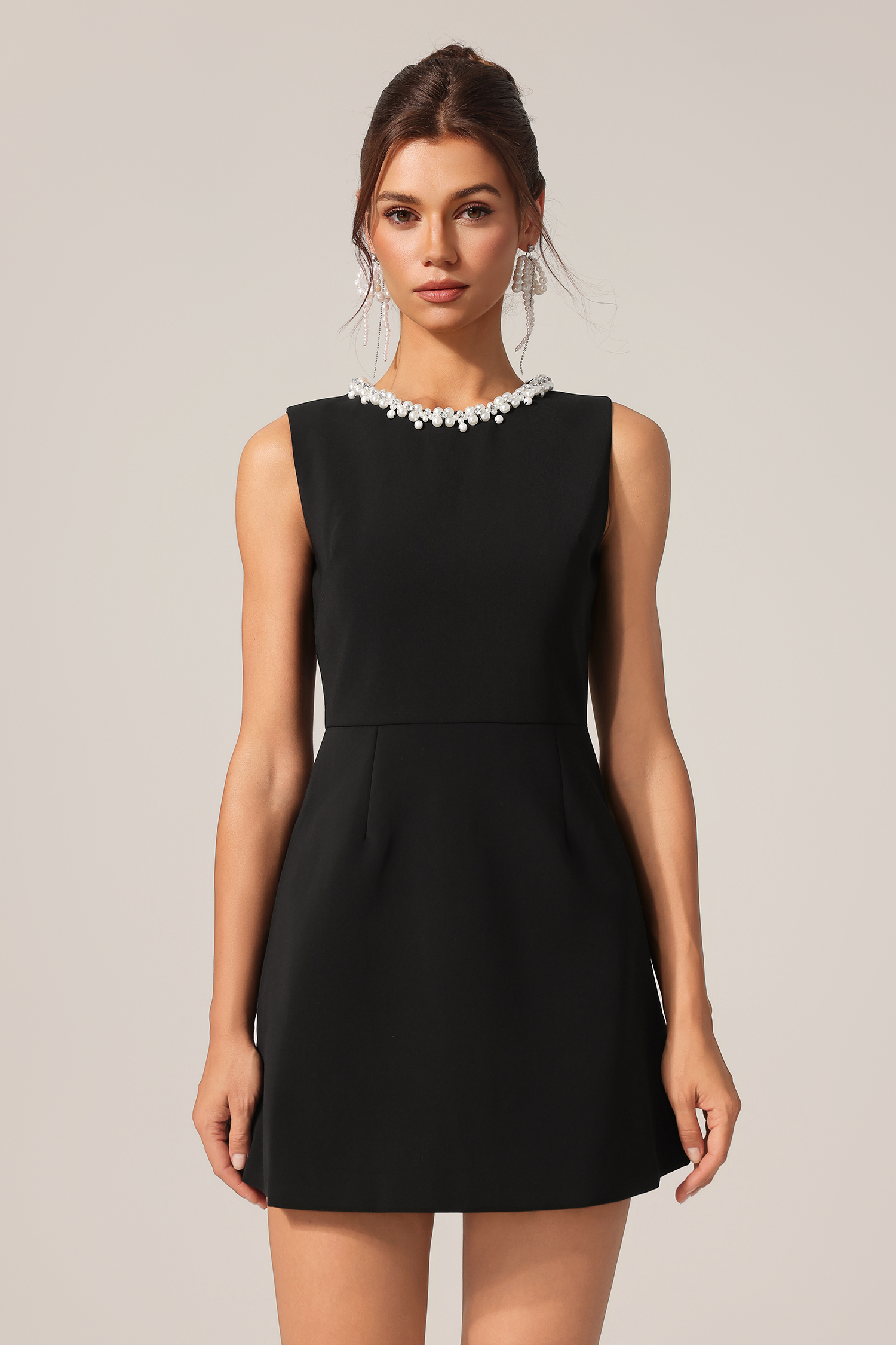Kayley Round Neck Sleeveless Pearl Mini Dress