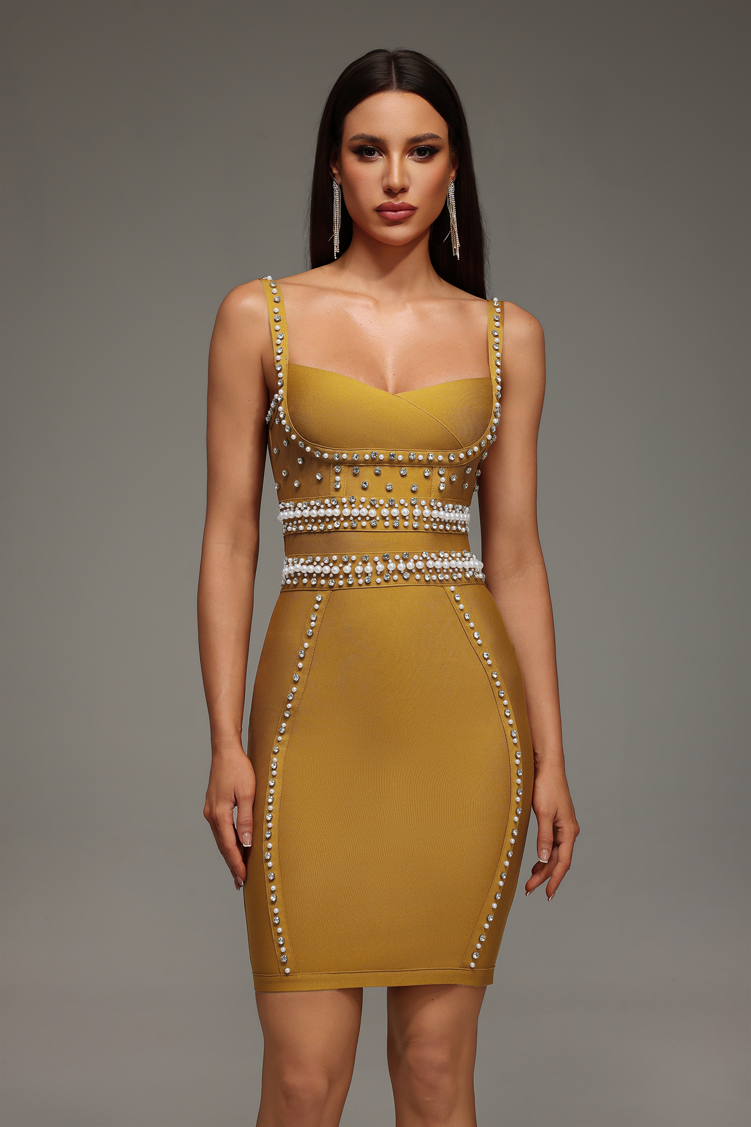 Fredrika Sleeveless Pearl Diamond Bandage Mini Dress