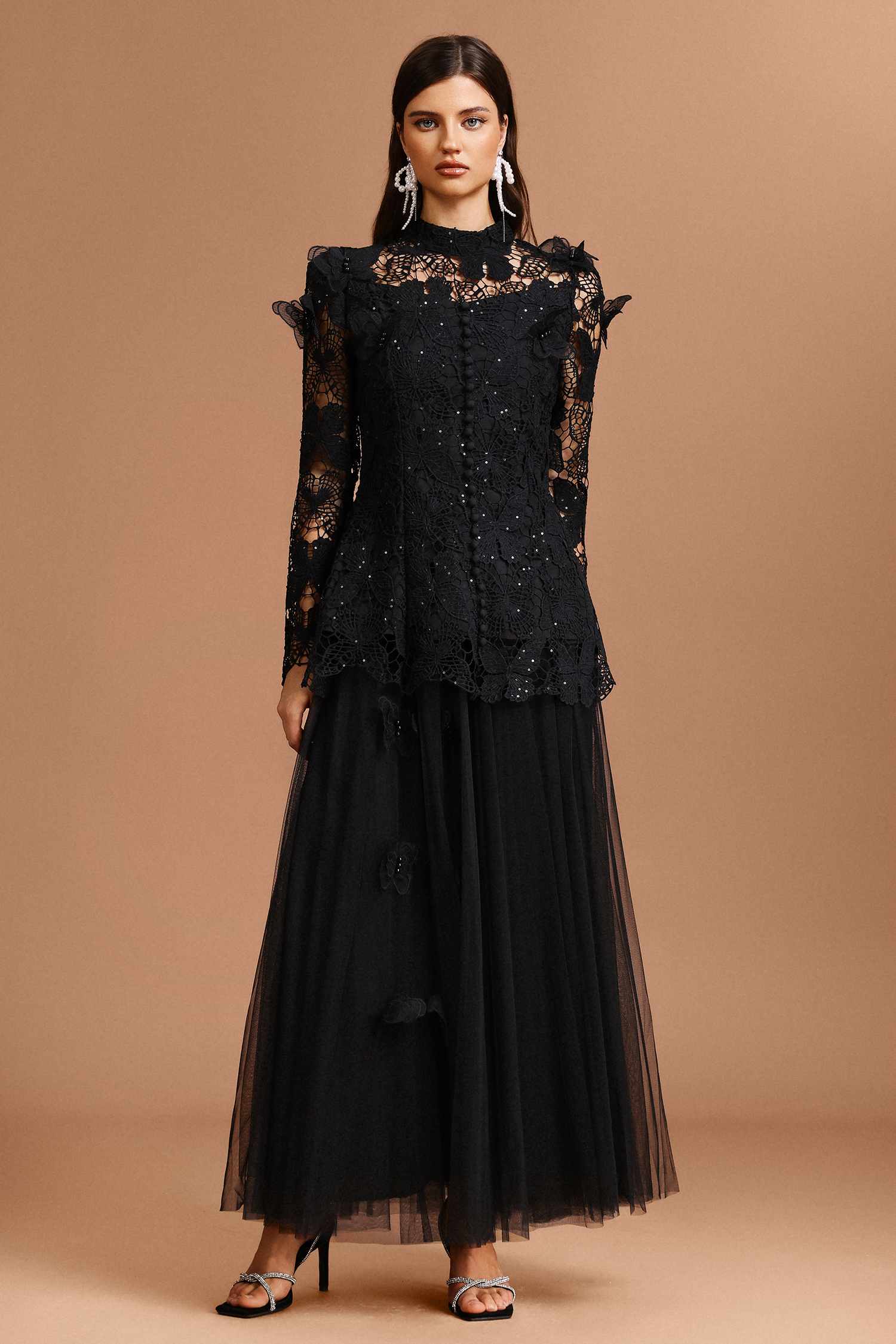 Okama Long Sleeve Folds Lace Butterfly Top And Skirt Two-Piece Set