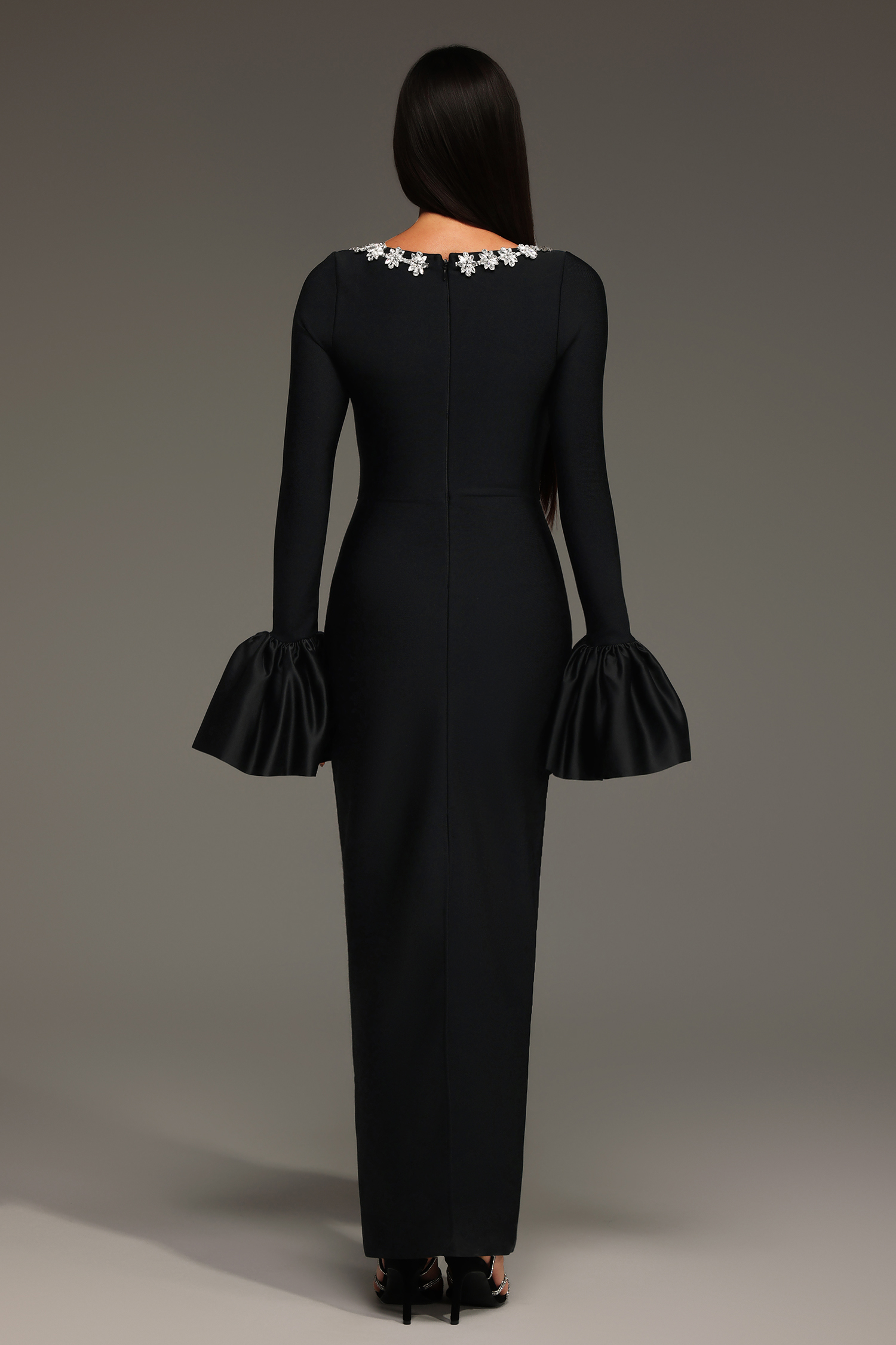 Rury Trumpet Sleeve Diamond Bandage Maxi Dress