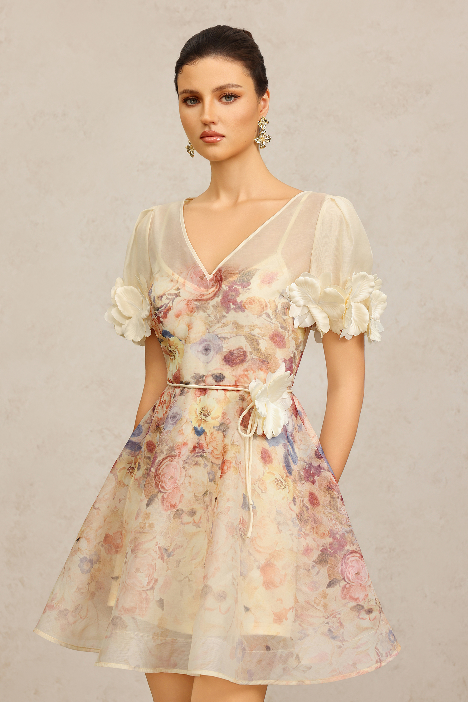 Xezey V-Neck Short Sleeves Flowers Printed Mini Dress