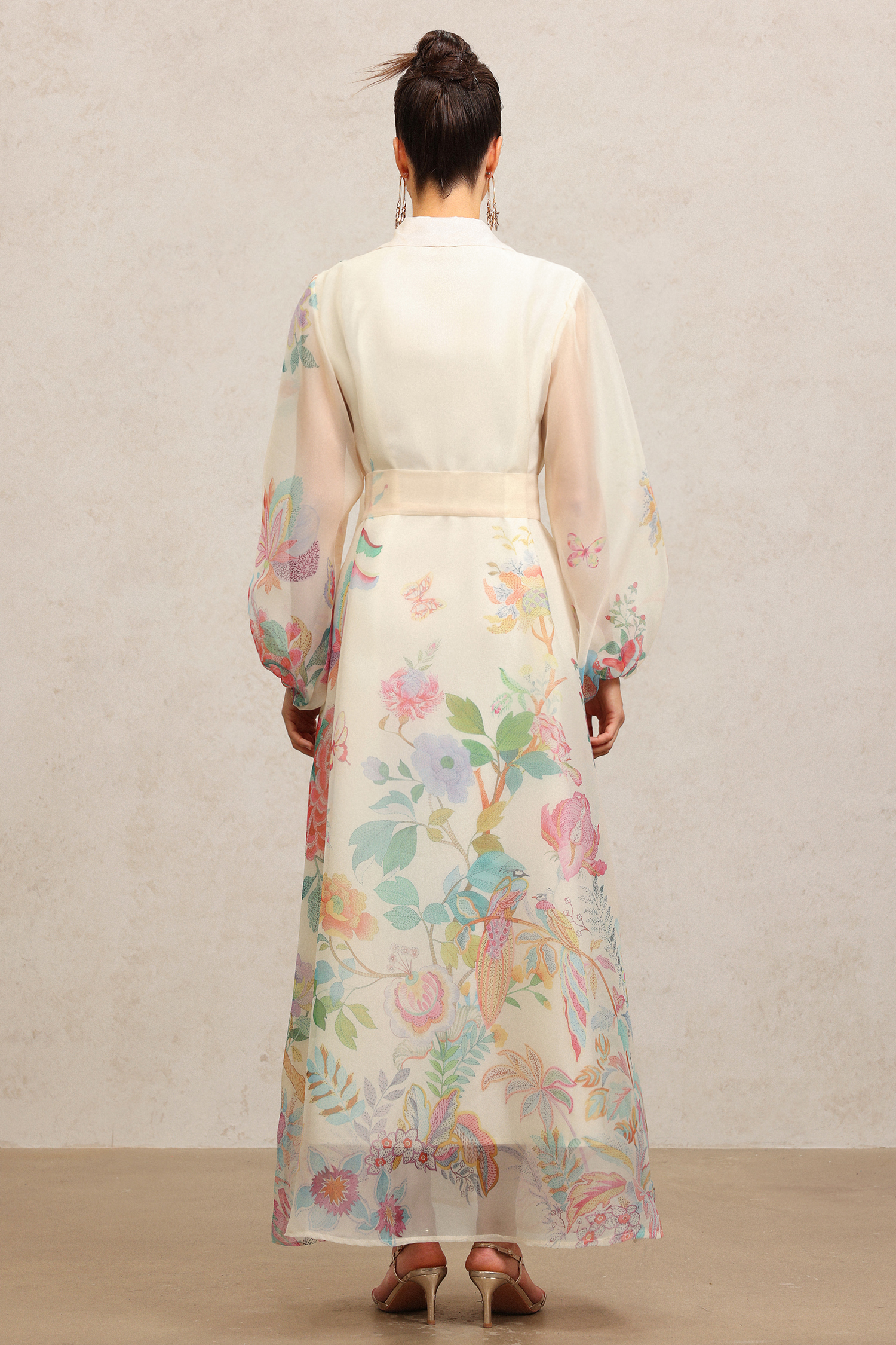 Farrah Lapel Long Sleeves Flowers Printed Maxi Dress