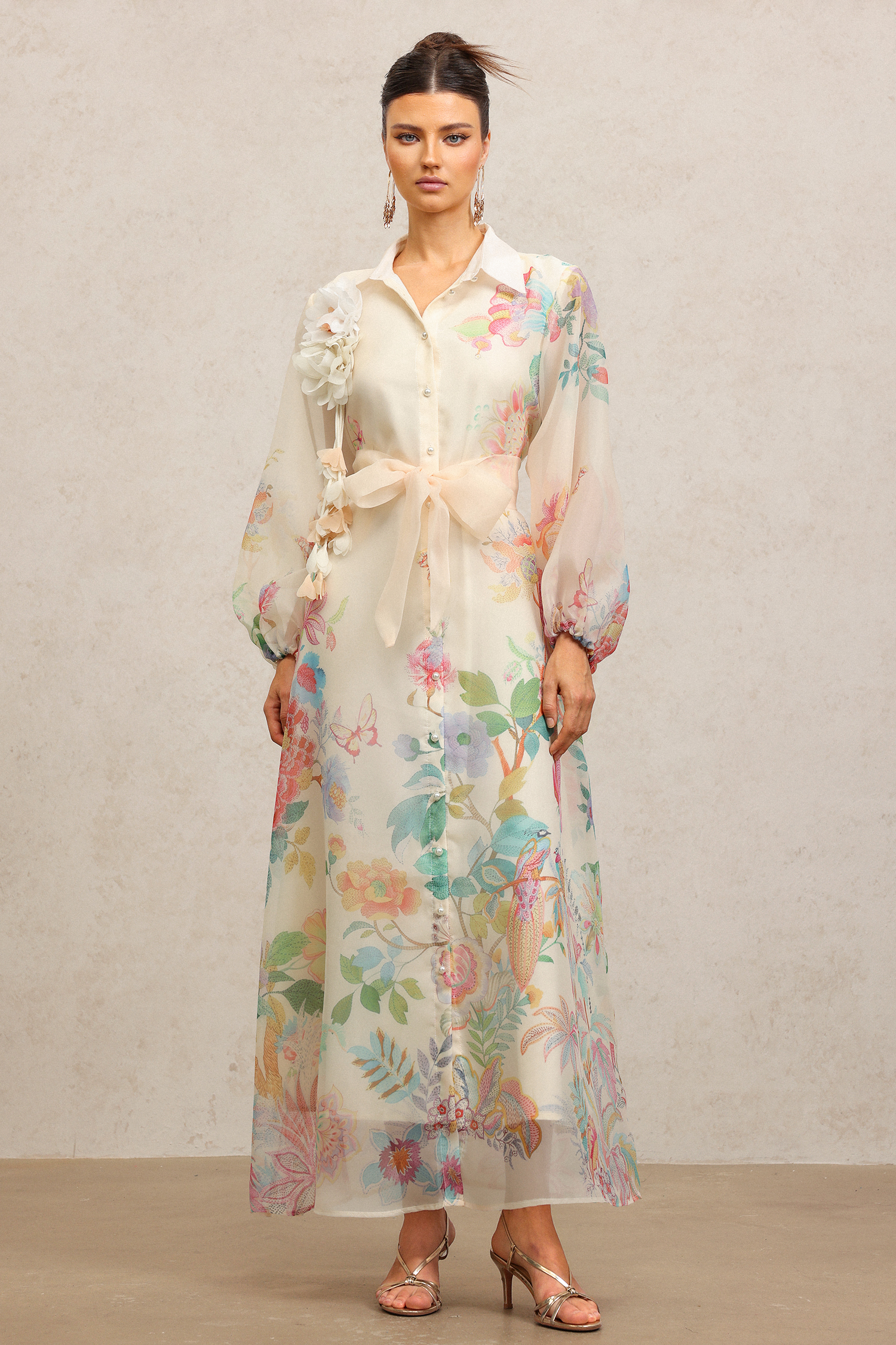 Farrah Lapel Long Sleeves Flowers Printed Maxi Dress