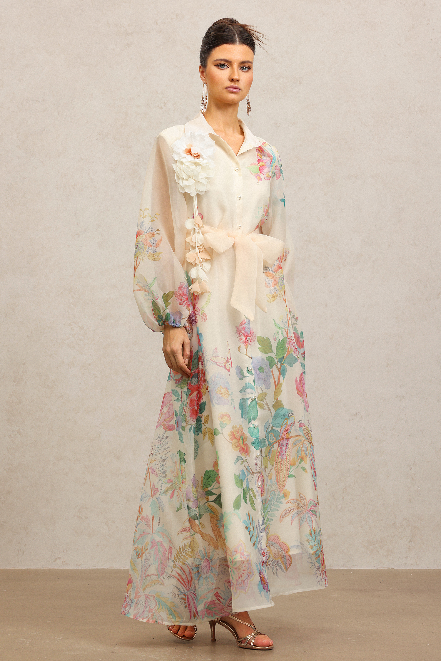 Farrah Lapel Long Sleeves Flowers Printed Maxi Dress
